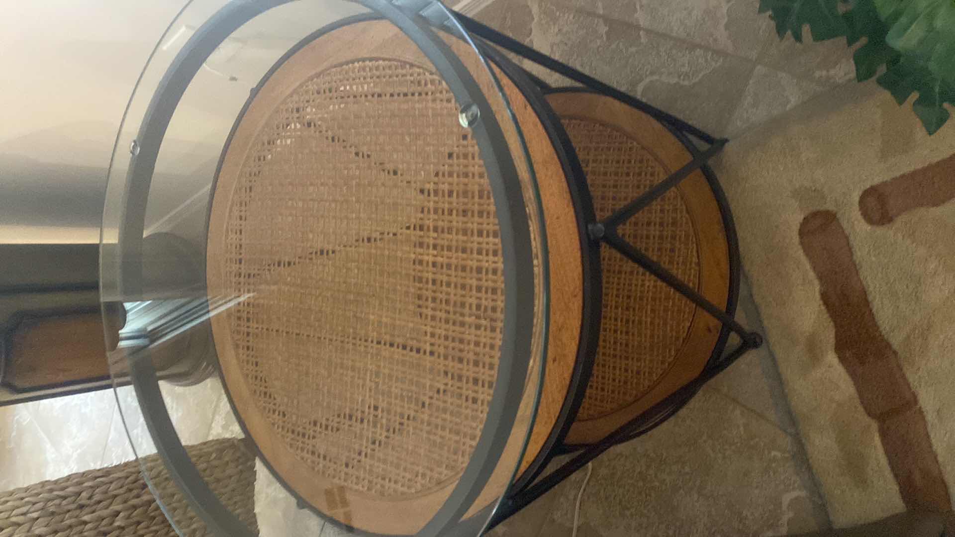 Photo 1 of 26” METAL & RATTAN & WOOD END TABLE WITH GLASS TOP H28”