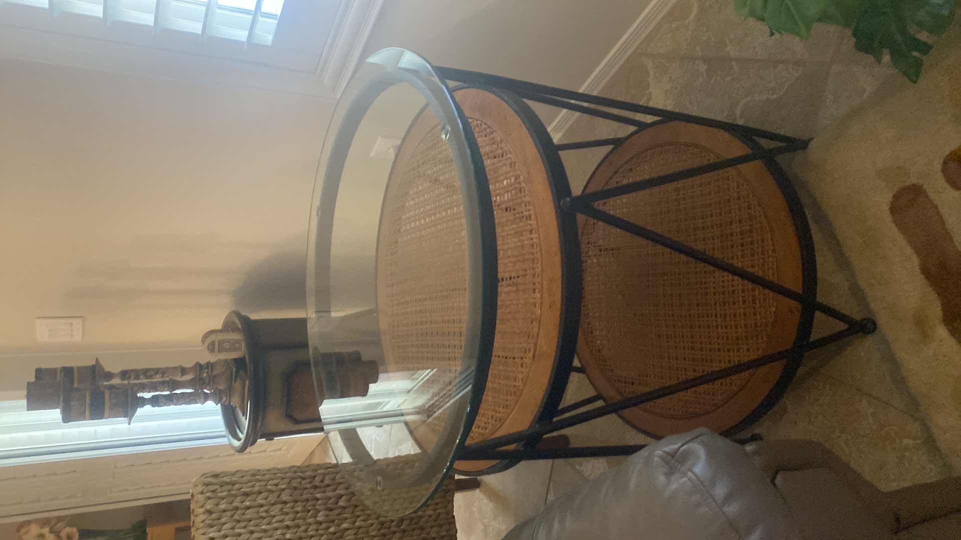 Photo 1 of 26” METAL & RATTAN & WOOD END TABLE WITH GLASS TOP H28”