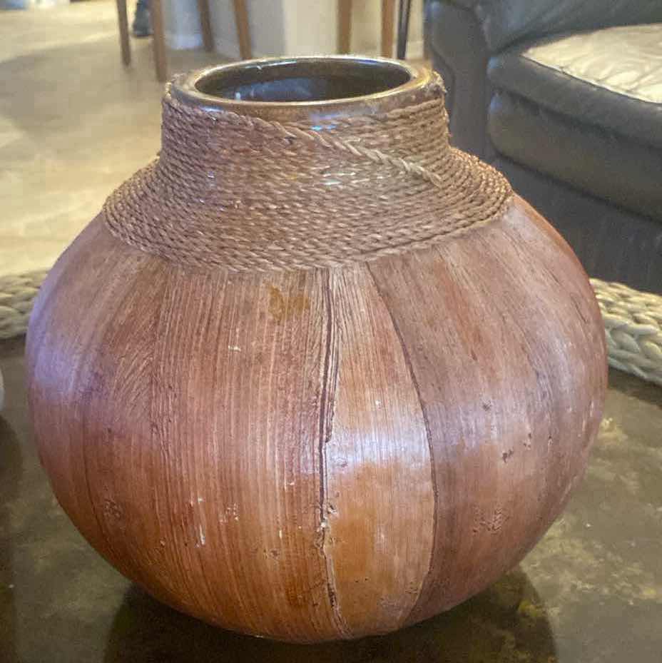 Photo 1 of LANE CERAMIC OPEN MOUTH VASE WITH BANANA LEAFS 12” x 12”