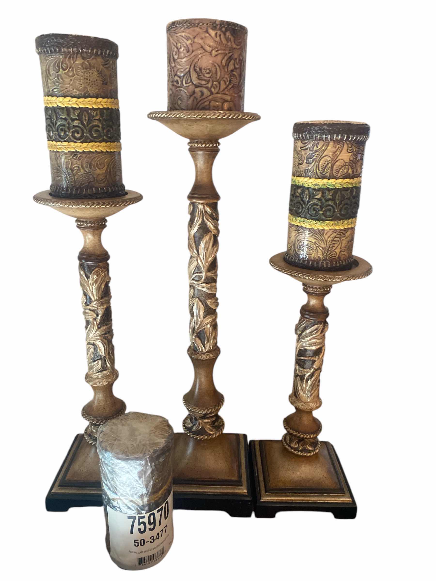 Photo 1 of 3 HEAVY CANDLE STICKS ACANTHUS LEAF DETAIL WITH 4 NEW CANDLES MEASUREMENT EXCLUDES CANDLE H18”