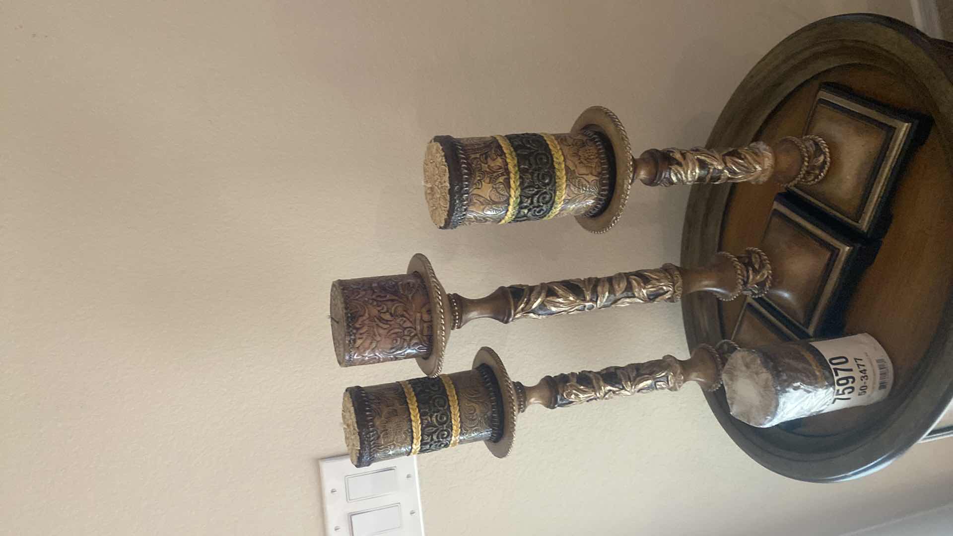 Photo 1 of 3 HEAVY CANDLE STICKS ACANTHUS LEAF DETAIL WITH 4 NEW CANDLES MEASUREMENT EXCLUDES CANDLE H18”