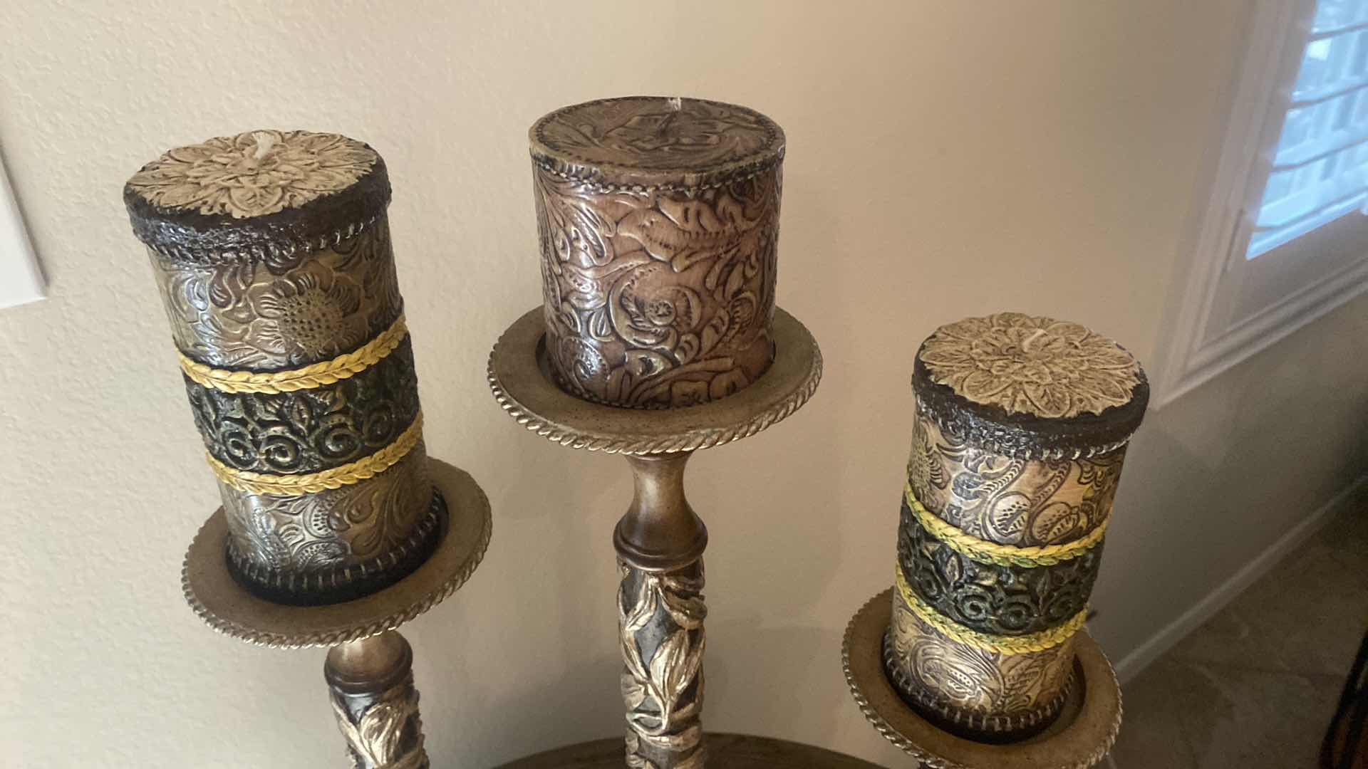 Photo 1 of 3 HEAVY CANDLE STICKS ACANTHUS LEAF DETAIL WITH 4 NEW CANDLES MEASUREMENT EXCLUDES CANDLE H18”