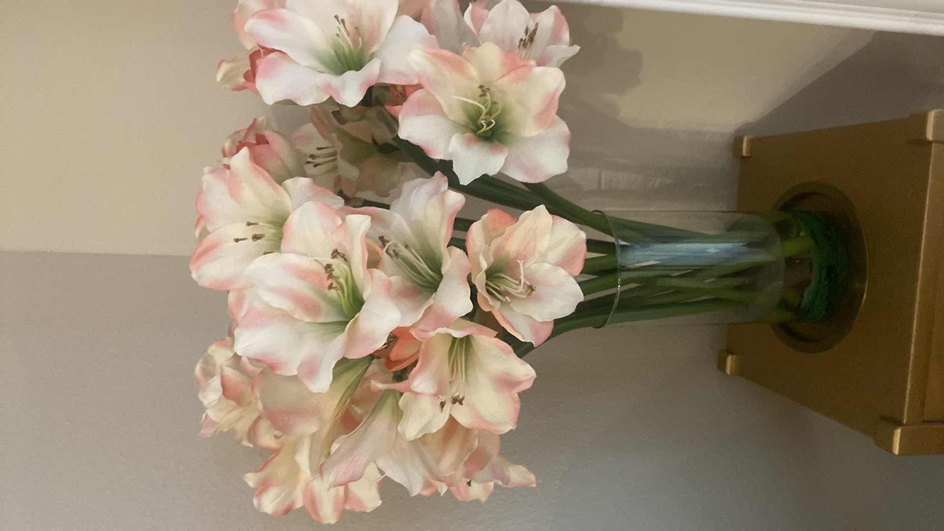 Photo 1 of  FAUX AMARYLLIS FLORAL IN GLASS WATER GARDEN VASE H25”