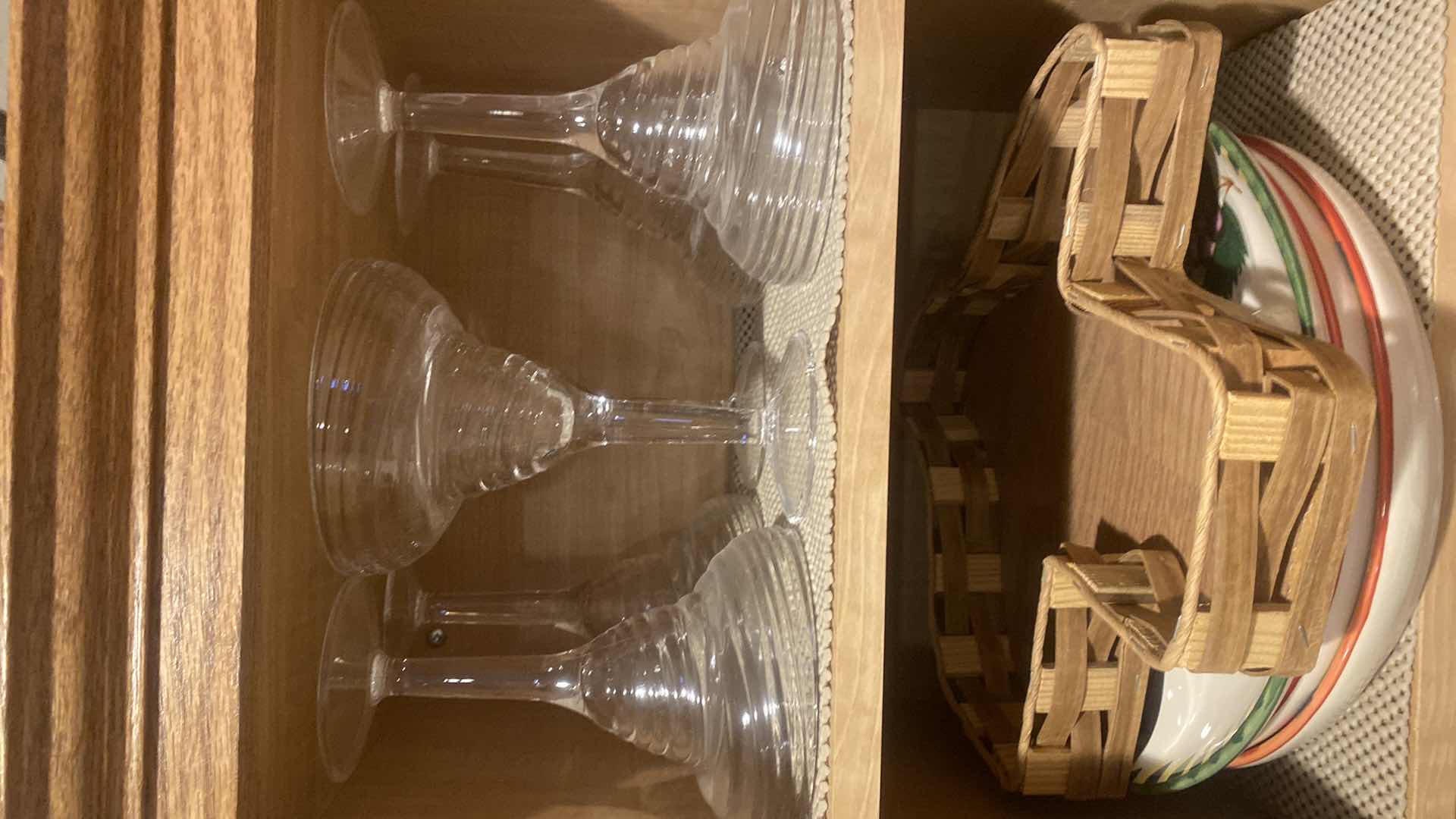 Photo 1 of CONTENTS OF 2 SHELVES KITCHEN CABINET- PLASTIC MARGUERITA GLASSES & PLATTERS