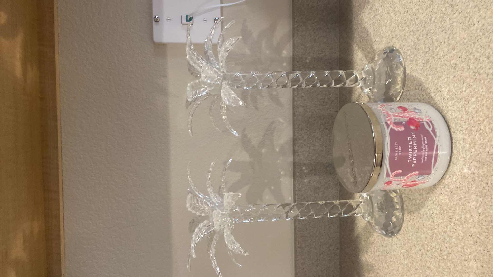 Photo 2 of SHANNON CRYSTAL PALM CANDLESTICKS H11” & CANDLE