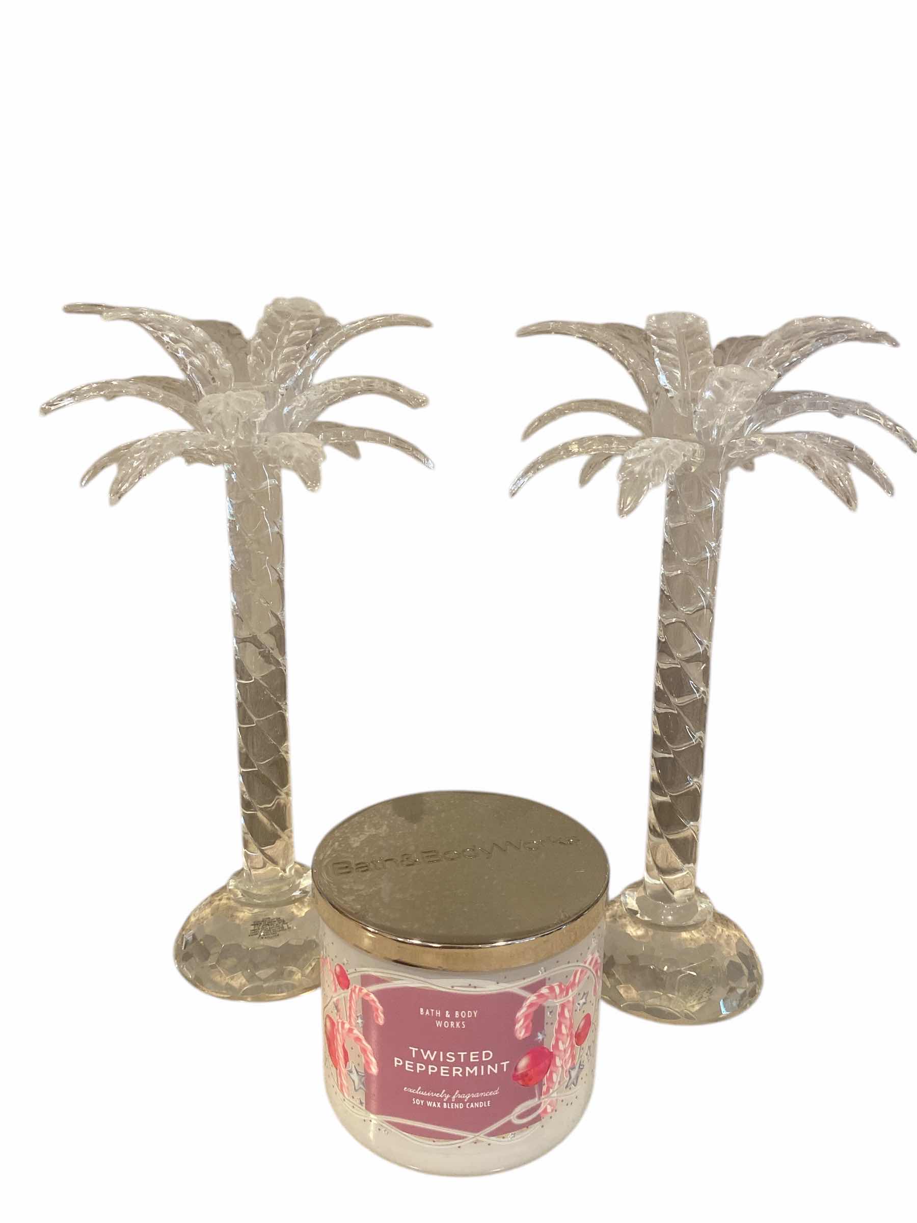 Photo 1 of SHANNON CRYSTAL PALM CANDLESTICKS H11” & CANDLE