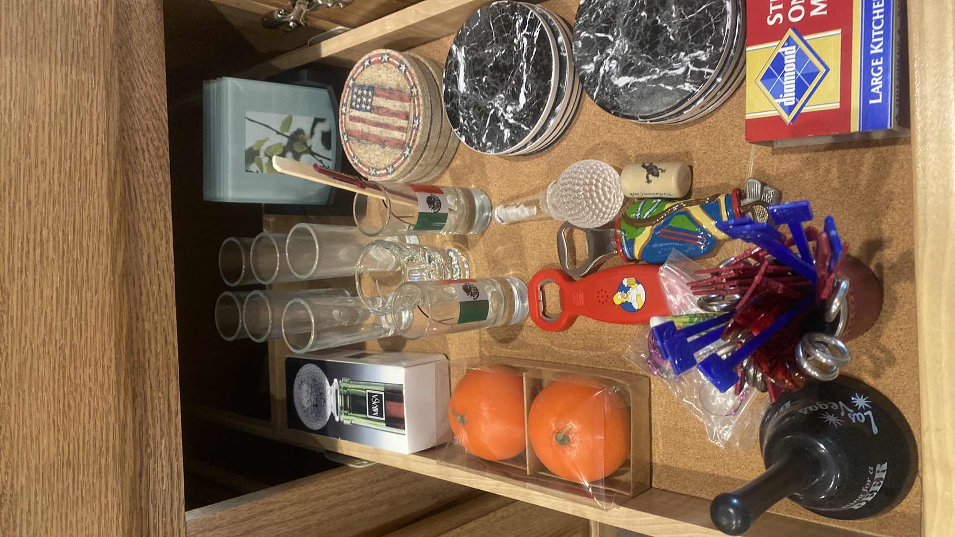 Photo 1 of 1 SHELF KITCHEN CABINET- COASTERS SHOT GLASSES BOTTLE STOPPERS