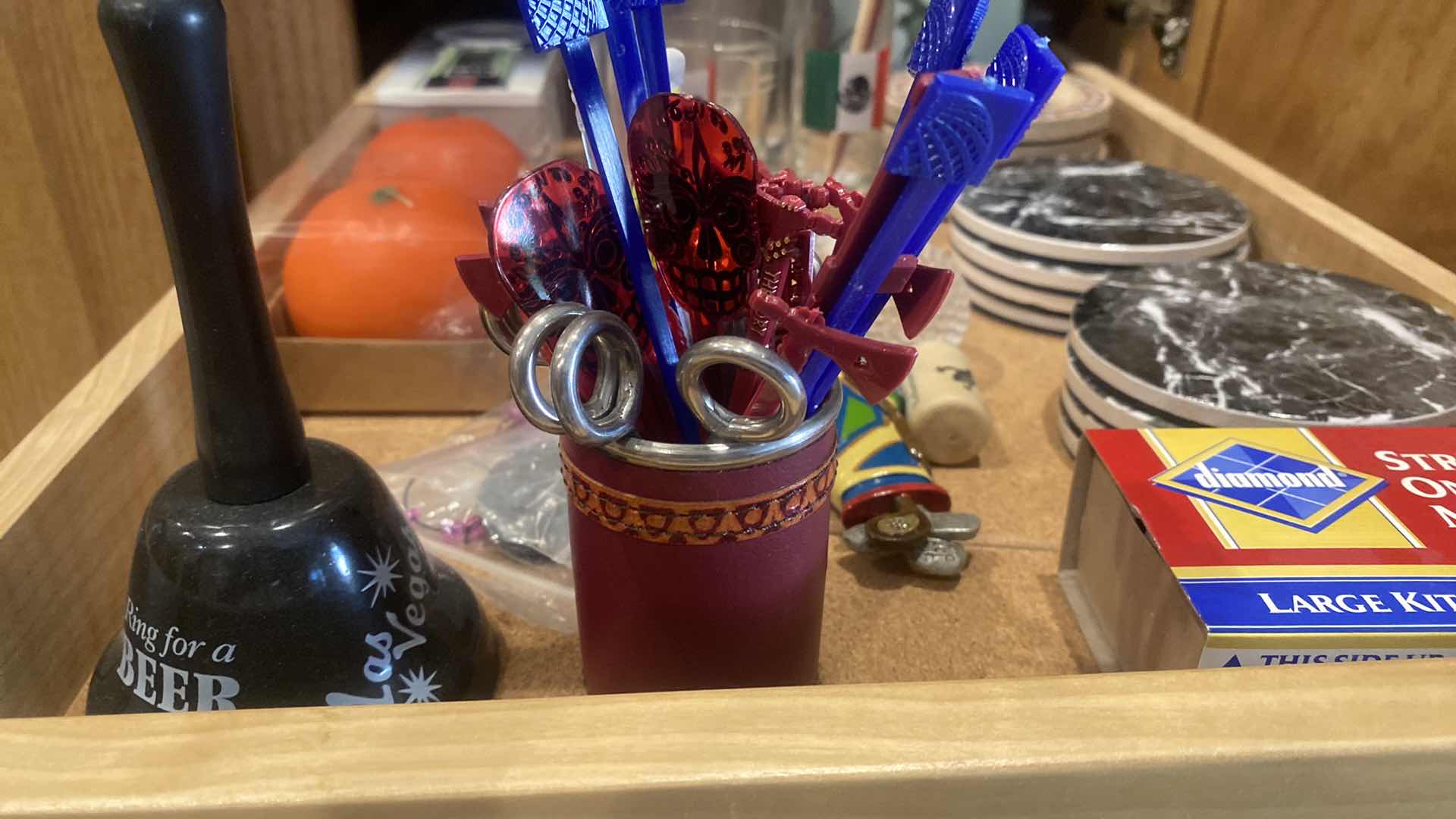 Photo 1 of 1 SHELF KITCHEN CABINET- COASTERS SHOT GLASSES BOTTLE STOPPERS