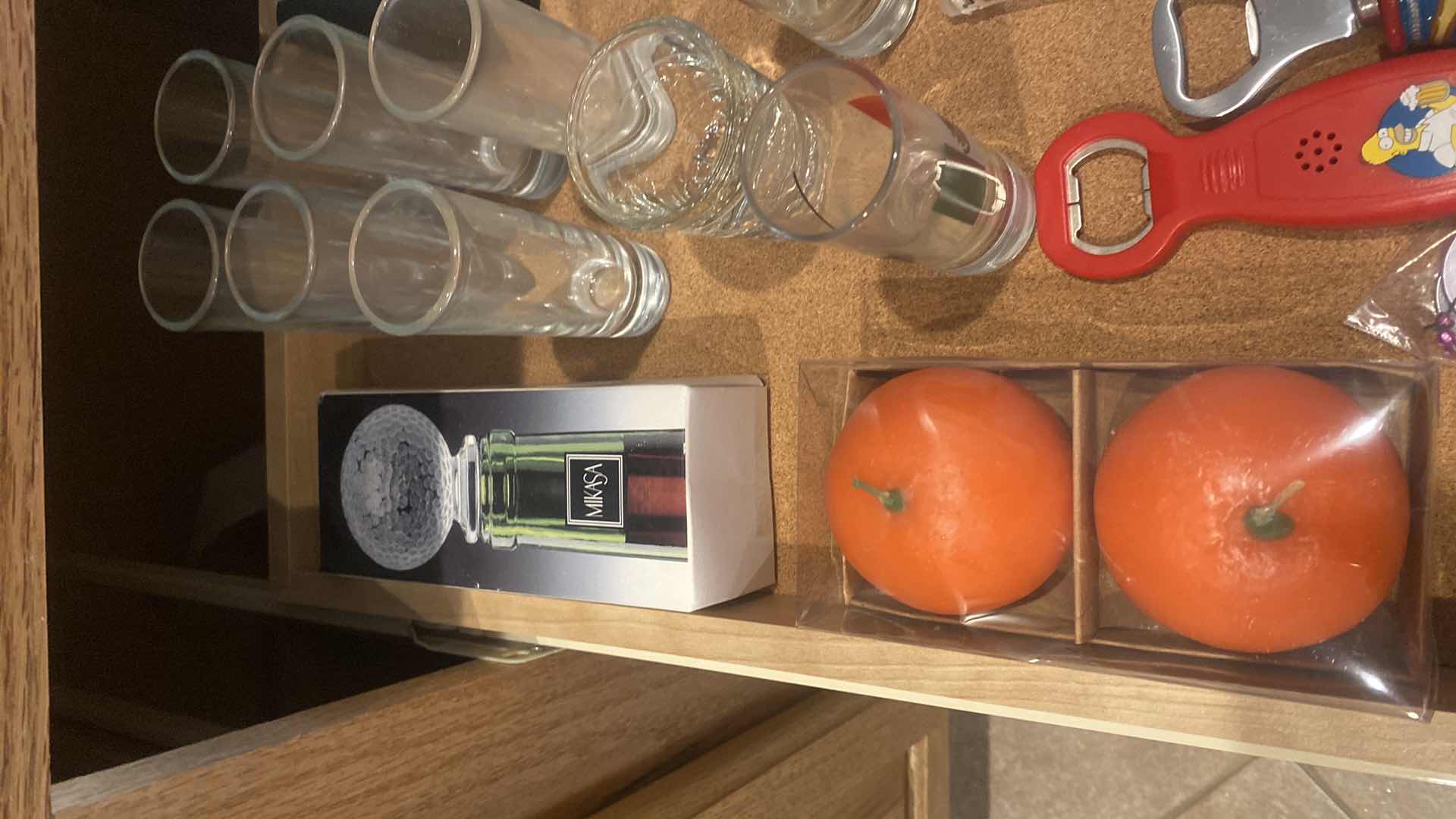 Photo 1 of 1 SHELF KITCHEN CABINET- COASTERS SHOT GLASSES BOTTLE STOPPERS