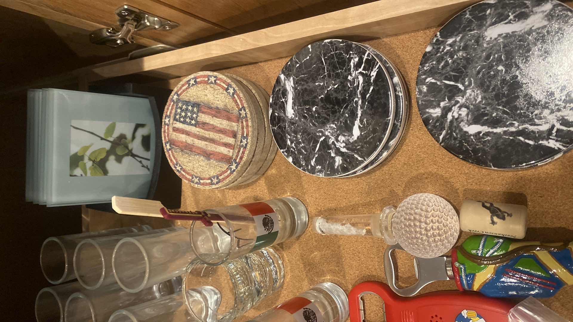 Photo 1 of 1 SHELF KITCHEN CABINET- COASTERS SHOT GLASSES BOTTLE STOPPERS