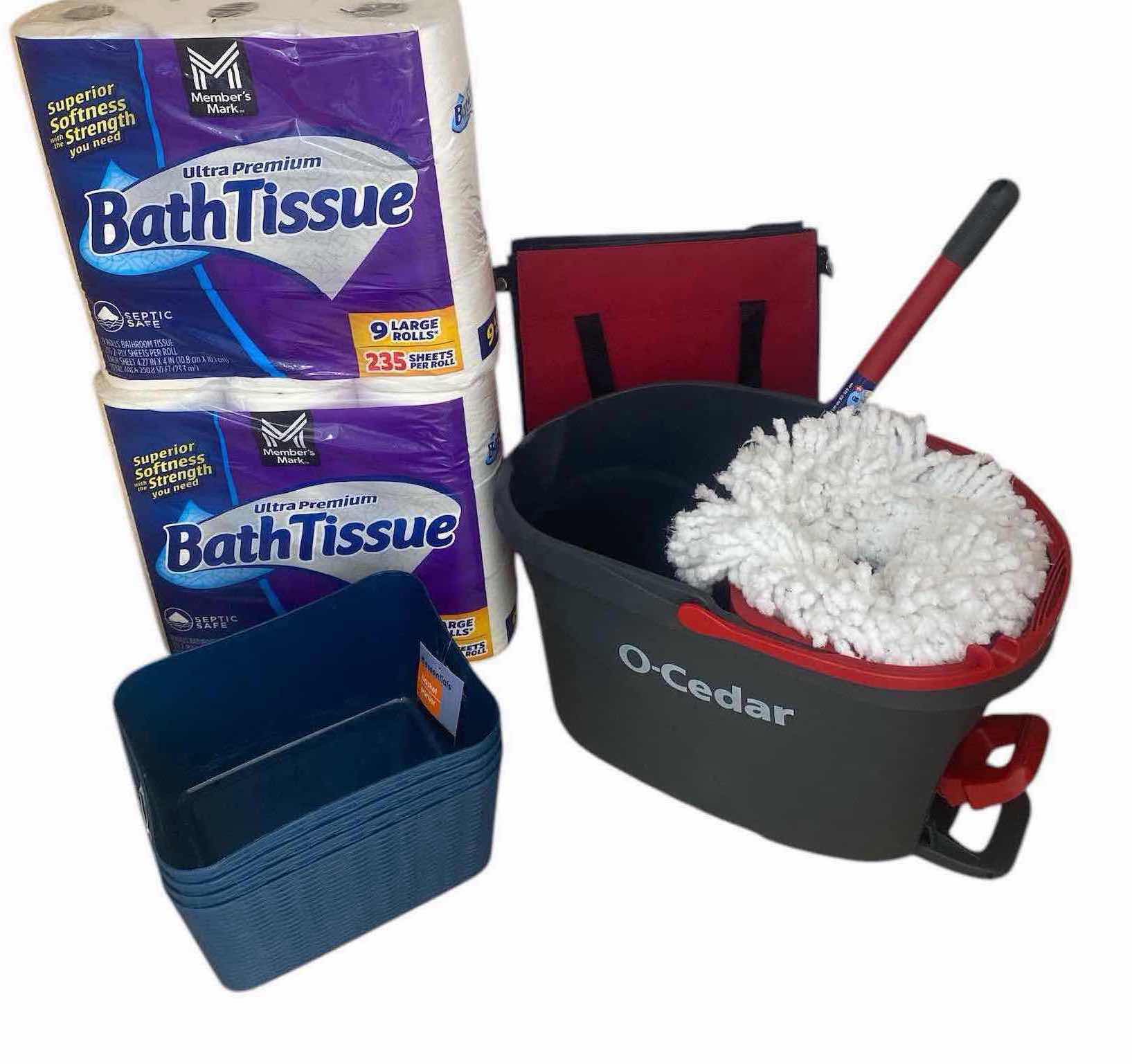 Photo 1 of 24 ROLLS TOILET PAPER, O CEDAR MOP & PLASTIC BASKETS