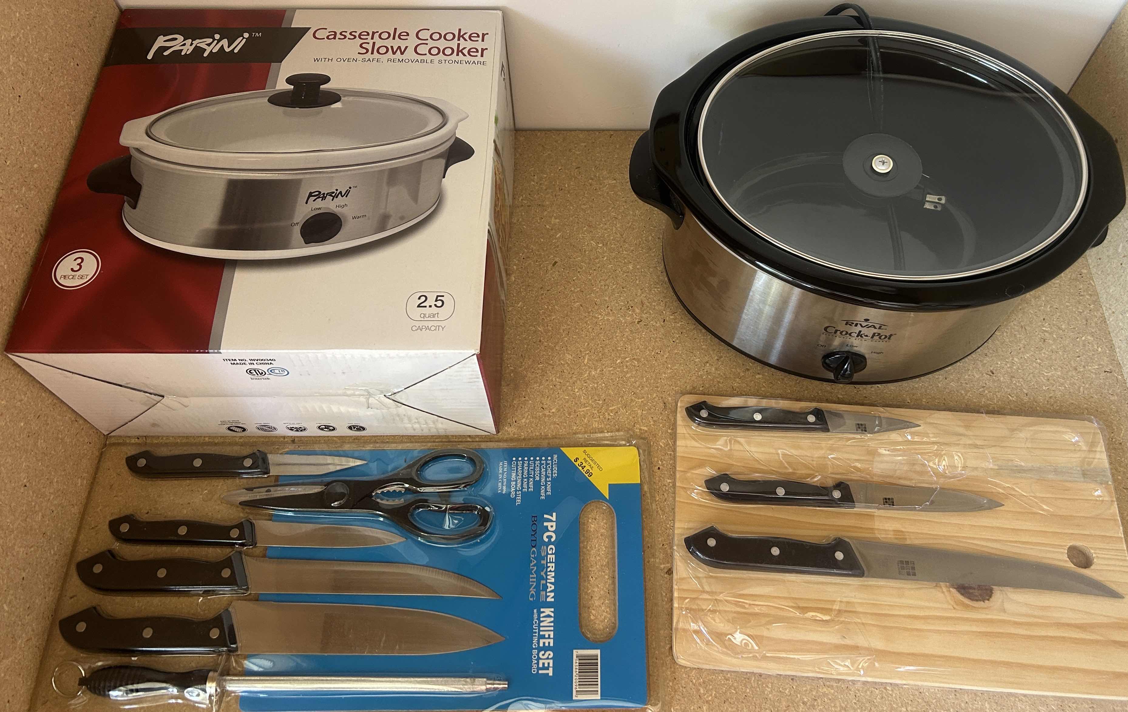 Photo 1 of CONTENTS ON SHELF- CROCK POT, SLOW COOKER AND 2 KNIFE SETS