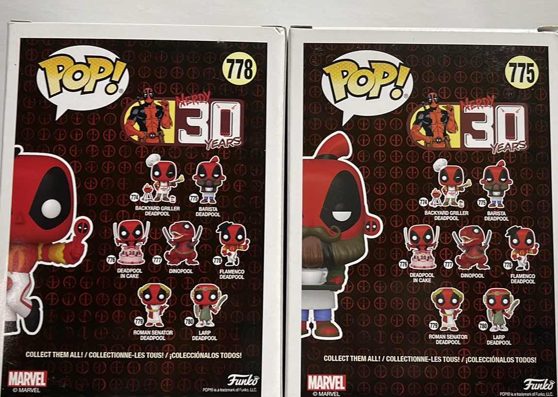 Photo 1 of NIB FUNKO POP DEADPOOL NERDY 30 YEARS SERIES "FLAMENCO DEADPOOL & BARISTA DEADPOOL - RETAIL
PRICE $28.00