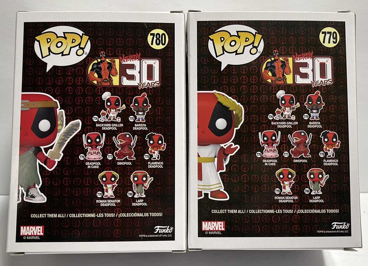 Photo 1 of NIB FUNKO POP DEADPOOL NERDY 30 YEARS SERIES "LARP DEADPOOL & ROMAN SENATOR DEADPOOL - RETAIL
PRICE $28.00