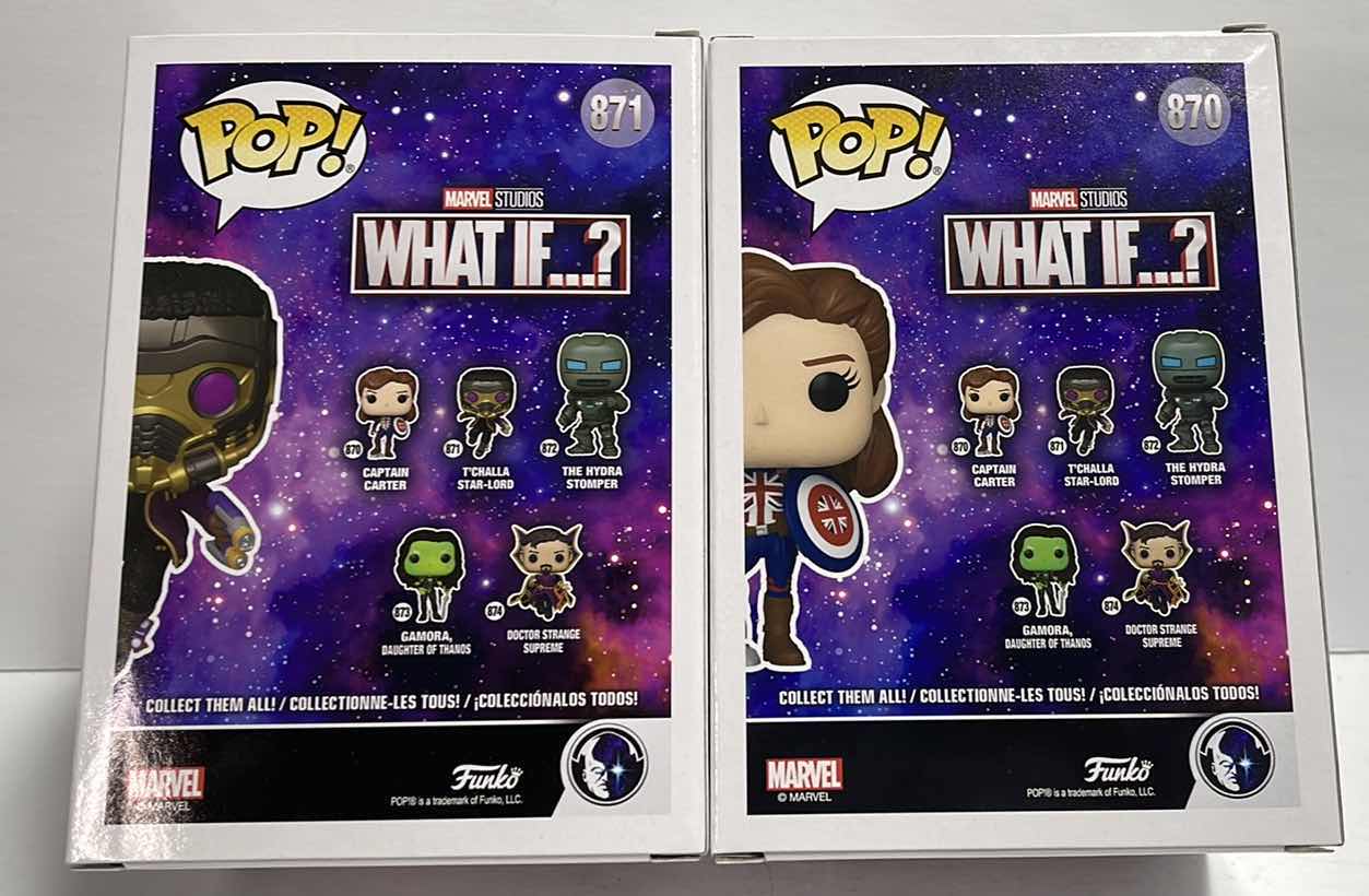 Photo 1 of NIB FUNKO POP WHAT IF ?
SERIES "CAPTAIN CARTER & T'CHALLA STAR-LORD" - TOTAL RETAIL PRICE $22.00