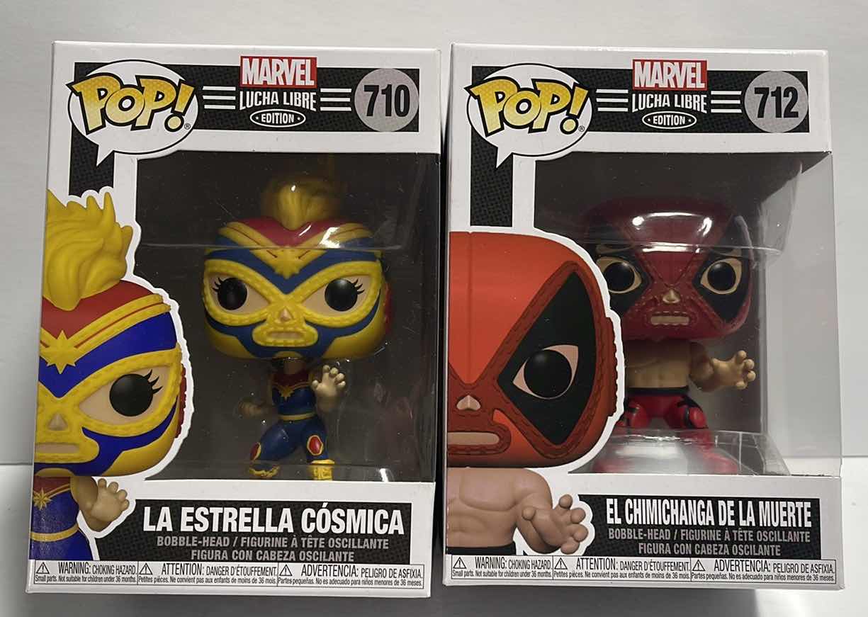Photo 1 of NIB FUNKO POP MARVEL LUCHA
LIBRE EDITION SERIES "EL CHIMICHANGA DE LA MUERTE & LA ESTRELLA COSMICA” - TOTAL RETAIL PRICE $26.00
