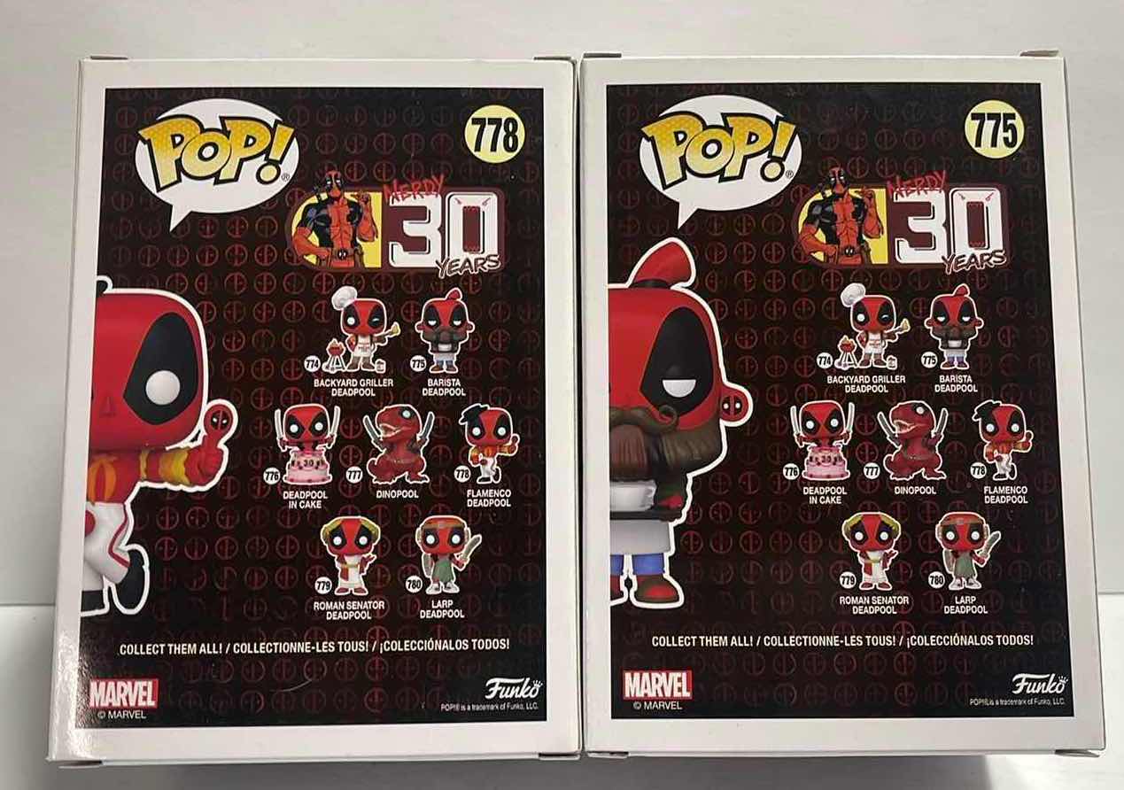Photo 1 of NIB FUNKO POP DEADPOOL
SERIES "FLAMENCO DEADPOOL & BARISTA DEADPOOL - RETAIL
PRICE $28.00