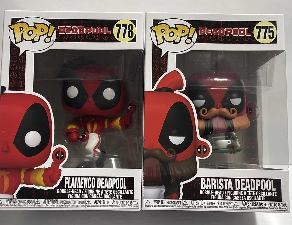 Photo 1 of NIB FUNKO POP DEADPOOL
SERIES "FLAMENCO DEADPOOL & BARISTA DEADPOOL - RETAIL
PRICE $28.00