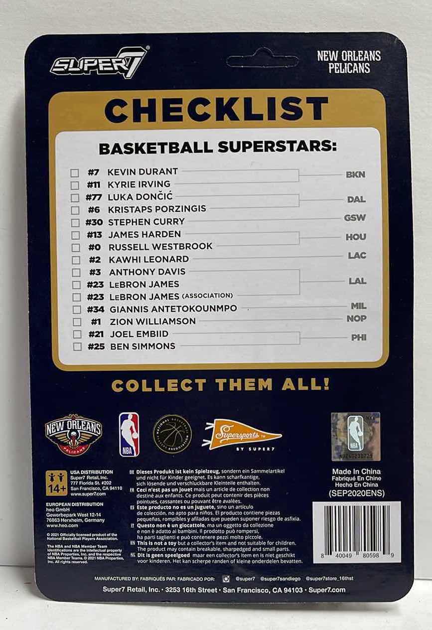 Photo 1 of NIB NBA ZION WILLIAMSON NEW ORLEANS PELICANS SUPER 7 REACTION BASKETBALL FIGURE - RETAIL PRICE $19.99