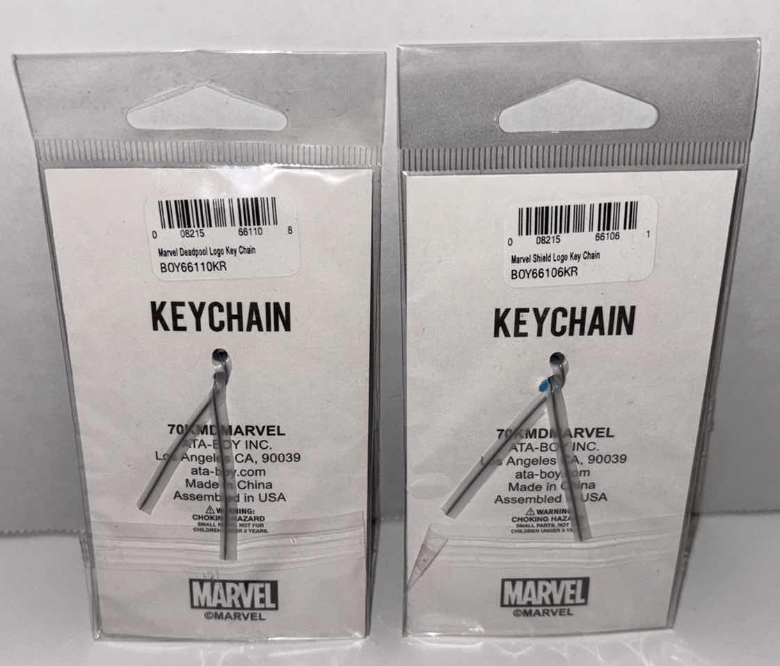 Photo 1 of NEW 2-PACK ATA-BOY MARVEL DEADPOOL LOGO & MARVEL SHIELD LOGO KEYCHAIN