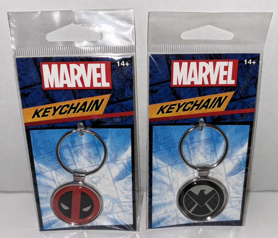Photo 1 of NEW 2-PACK ATA-BOY MARVEL DEADPOOL LOGO & MARVEL SHIELD LOGO KEYCHAIN