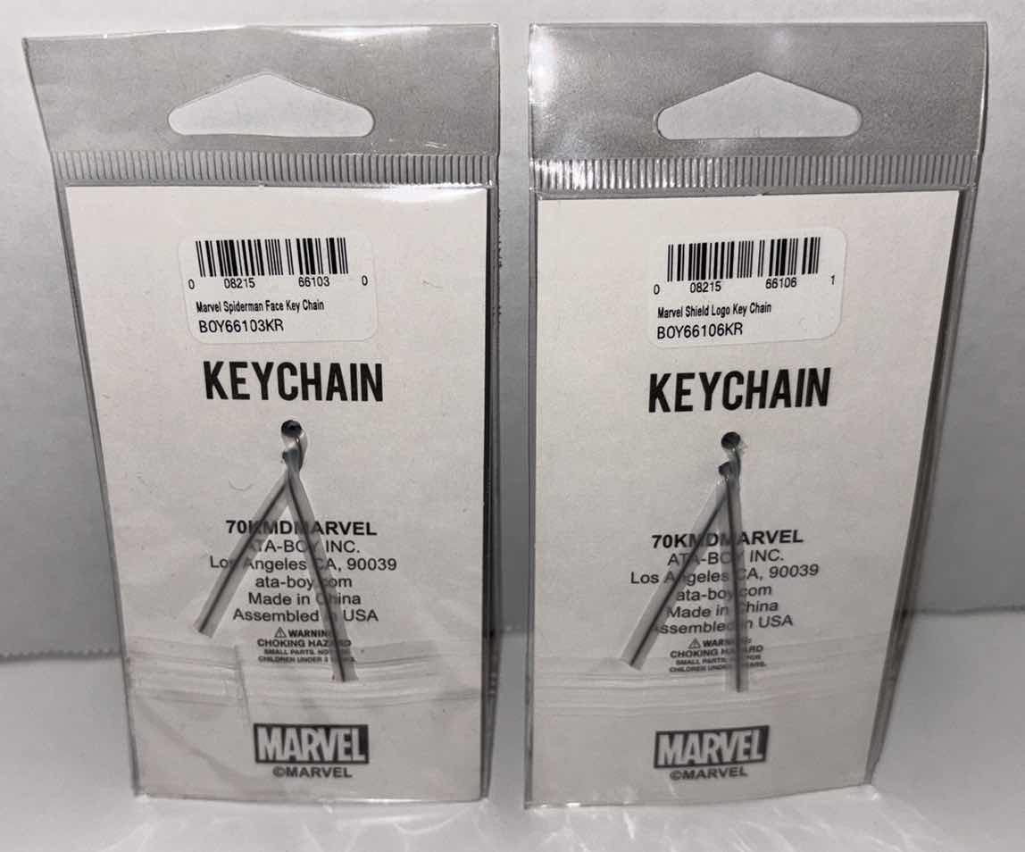 Photo 1 of NEW 2-PACK ATA-BOY MARVEL SPIDERMAN  FACE & MARVEL SHIELD LOGO KEYCHAIN