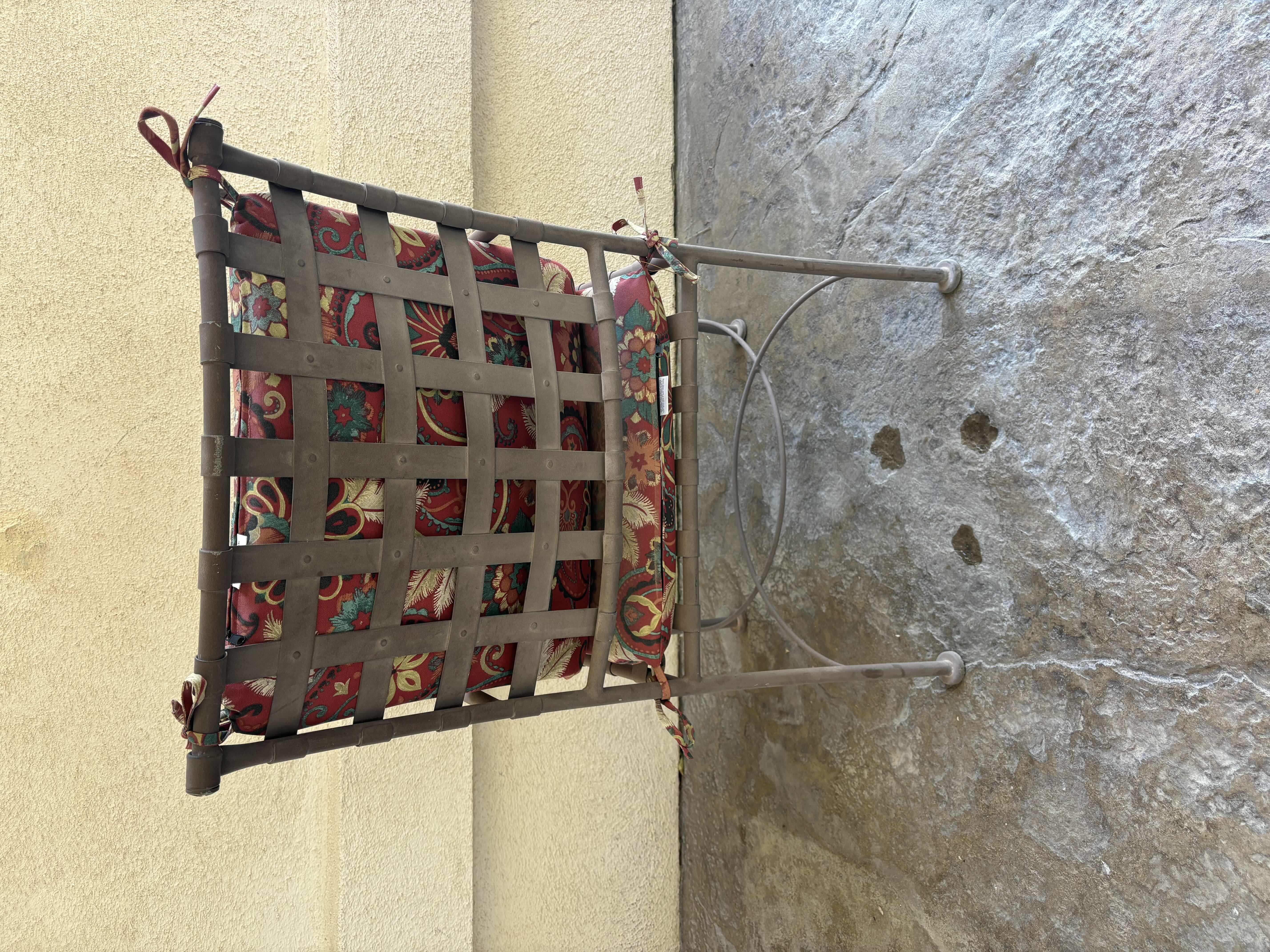 Photo 1 of 7 PC WROUGHT IRON OUTDOOR PATIO SET W HAMPTON BAY CHAIR PADS, INCLUDES 2 HIGH BACK SWIVEL CHAIRS (TABLE 42.5” X 72.5” H27.75”)