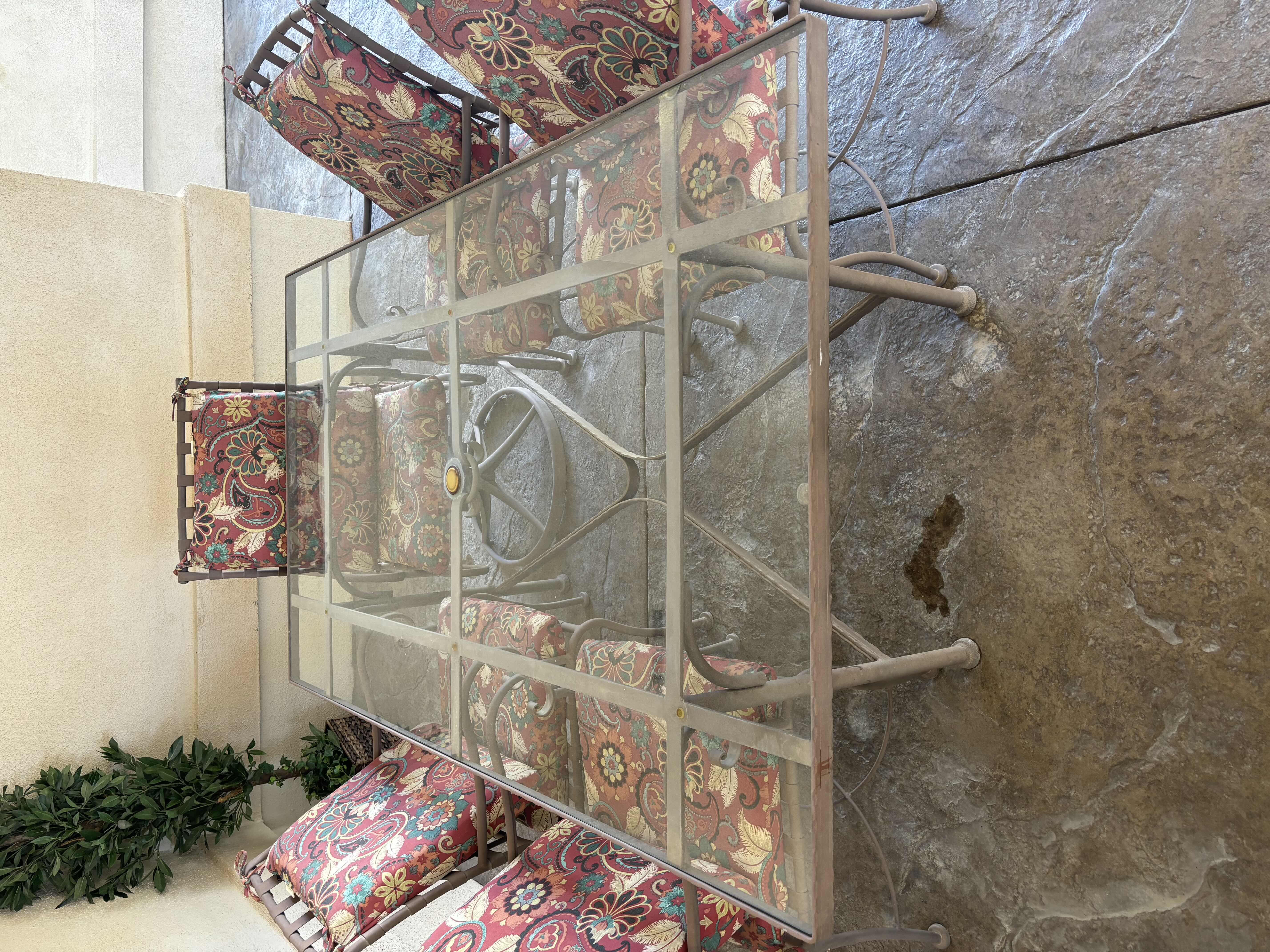 Photo 1 of 7 PC WROUGHT IRON OUTDOOR PATIO SET W HAMPTON BAY CHAIR PADS, INCLUDES 2 HIGH BACK SWIVEL CHAIRS (TABLE 42.5” X 72.5” H27.75”)