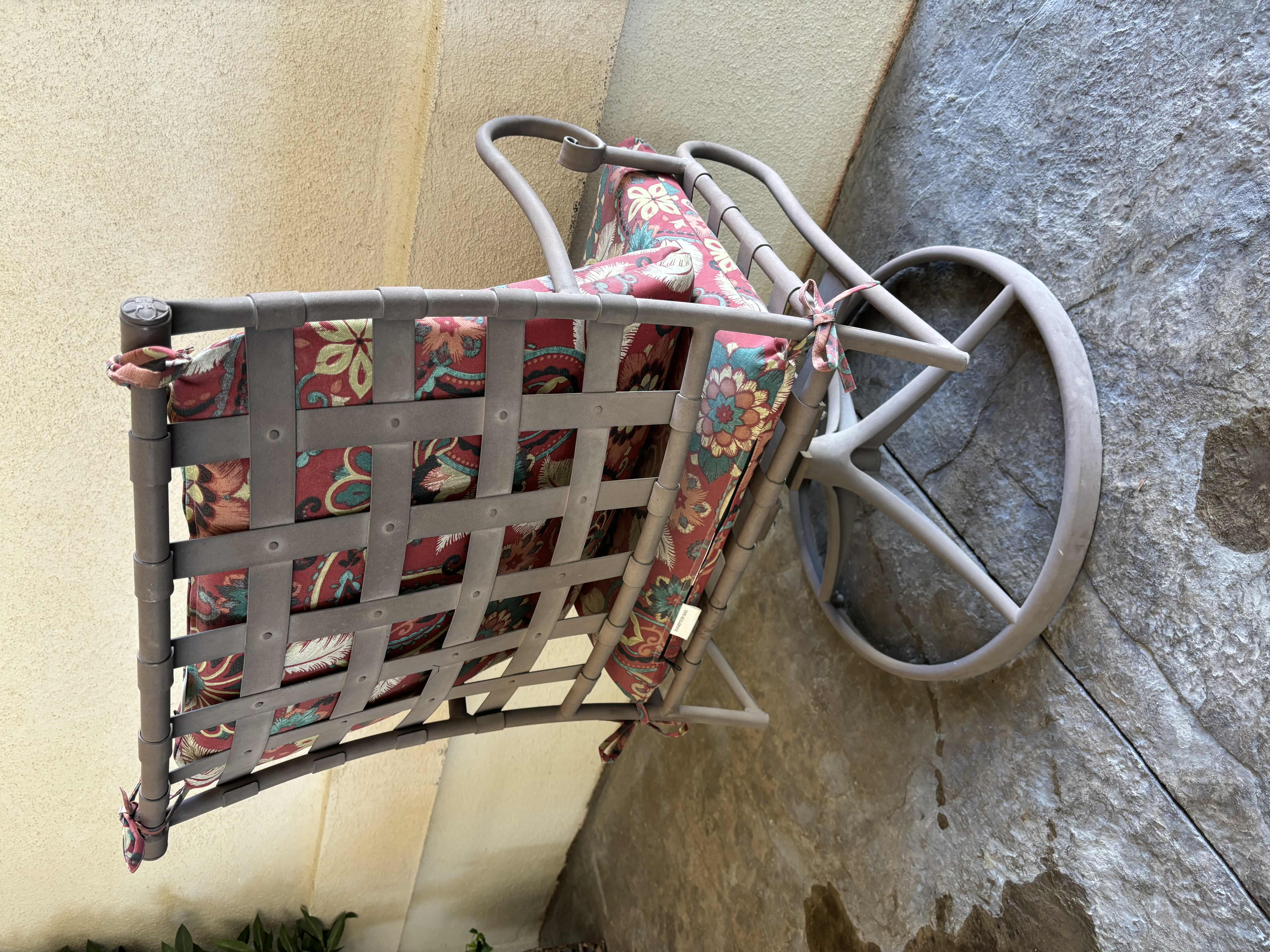 Photo 1 of 7 PC WROUGHT IRON OUTDOOR PATIO SET W HAMPTON BAY CHAIR PADS, INCLUDES 2 HIGH BACK SWIVEL CHAIRS (TABLE 42.5” X 72.5” H27.75”)