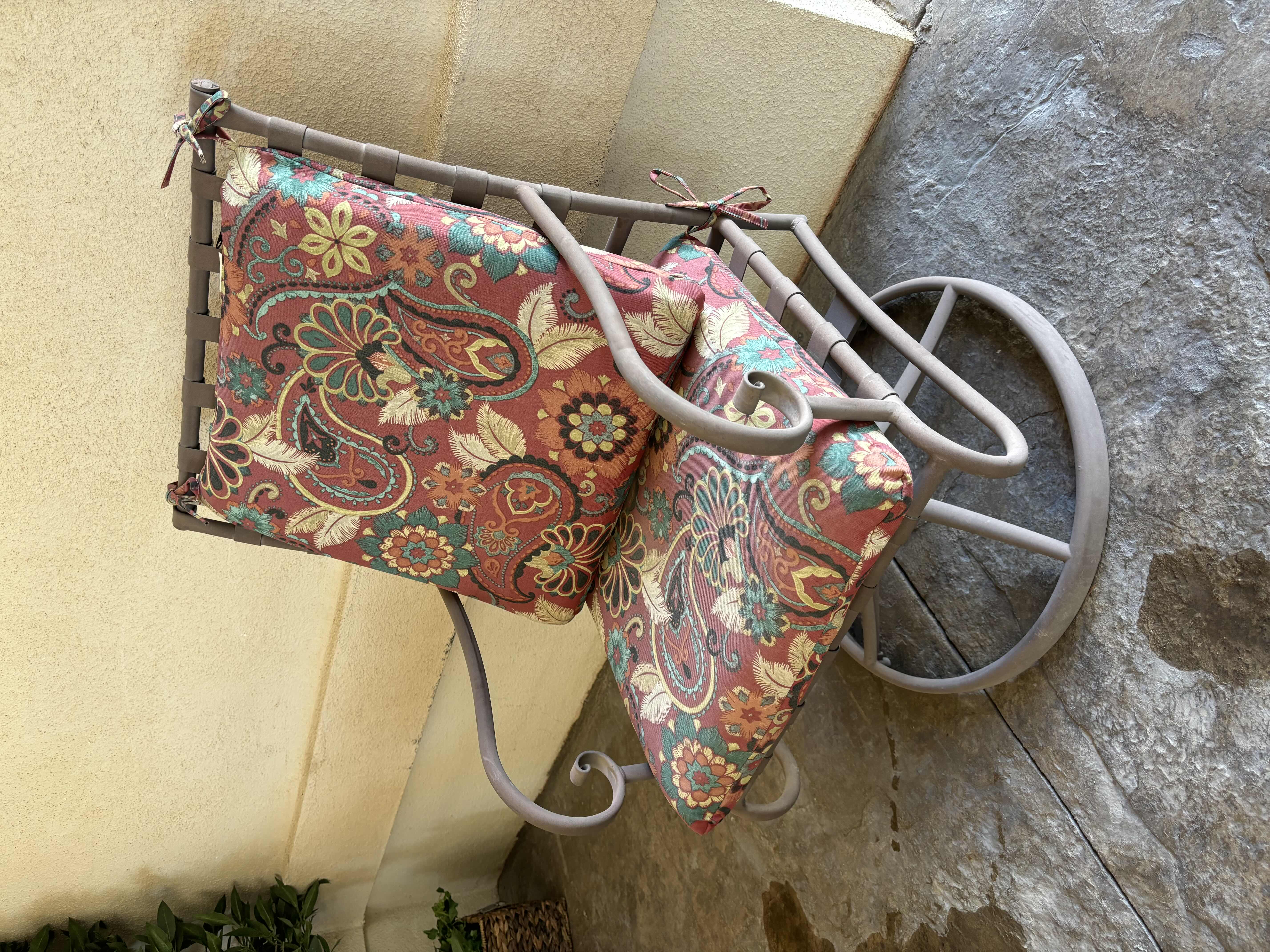 Photo 1 of 7 PC WROUGHT IRON OUTDOOR PATIO SET W HAMPTON BAY CHAIR PADS, INCLUDES 2 HIGH BACK SWIVEL CHAIRS (TABLE 42.5” X 72.5” H27.75”)