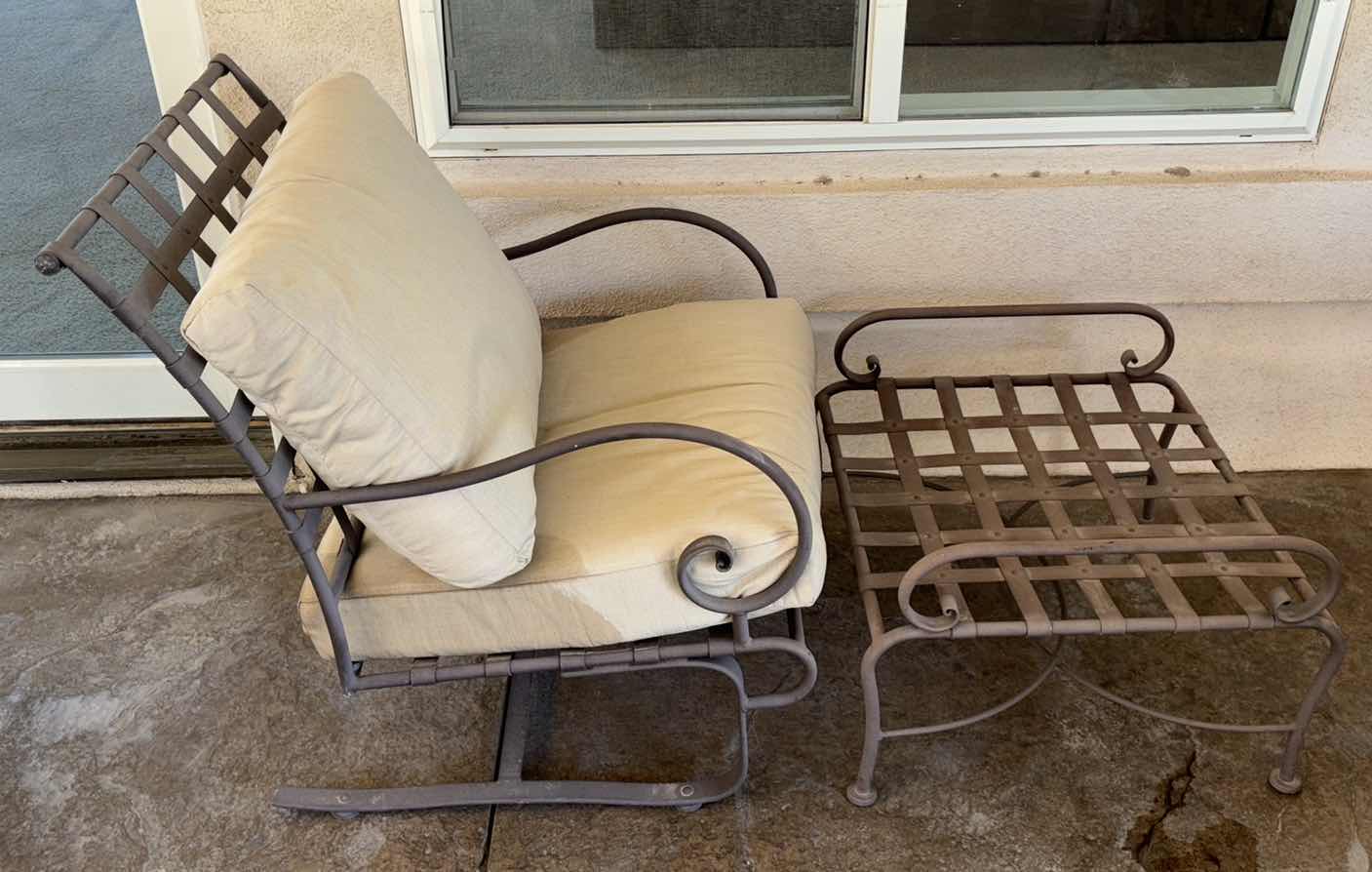 Photo 1 of 5 PC OUTDOOR WROUGHT IRON PATIO SET, HIGH-BACK SPRING BASE PATIO CHAIRS W OTTOMANS & SMALL GLASS TOP TABLE 22.5” x 22.5” H19.5”