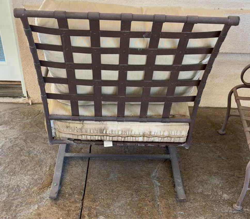 Photo 1 of 5 PC OUTDOOR WROUGHT IRON PATIO SET, HIGH-BACK SPRING BASE PATIO CHAIRS W OTTOMANS & SMALL GLASS TOP TABLE 22.5” x 22.5” H19.5”