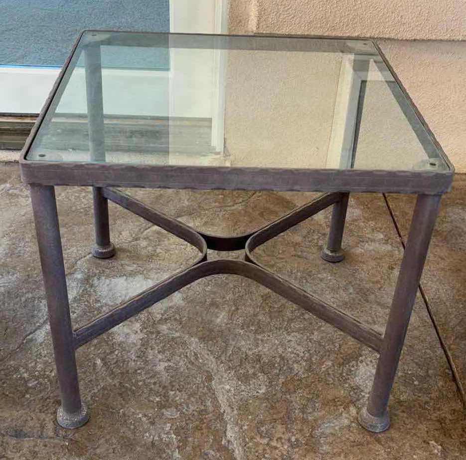 Photo 1 of 5 PC OUTDOOR WROUGHT IRON PATIO SET, HIGH-BACK SPRING BASE PATIO CHAIRS W OTTOMANS & SMALL GLASS TOP TABLE 22.5” x 22.5” H19.5”