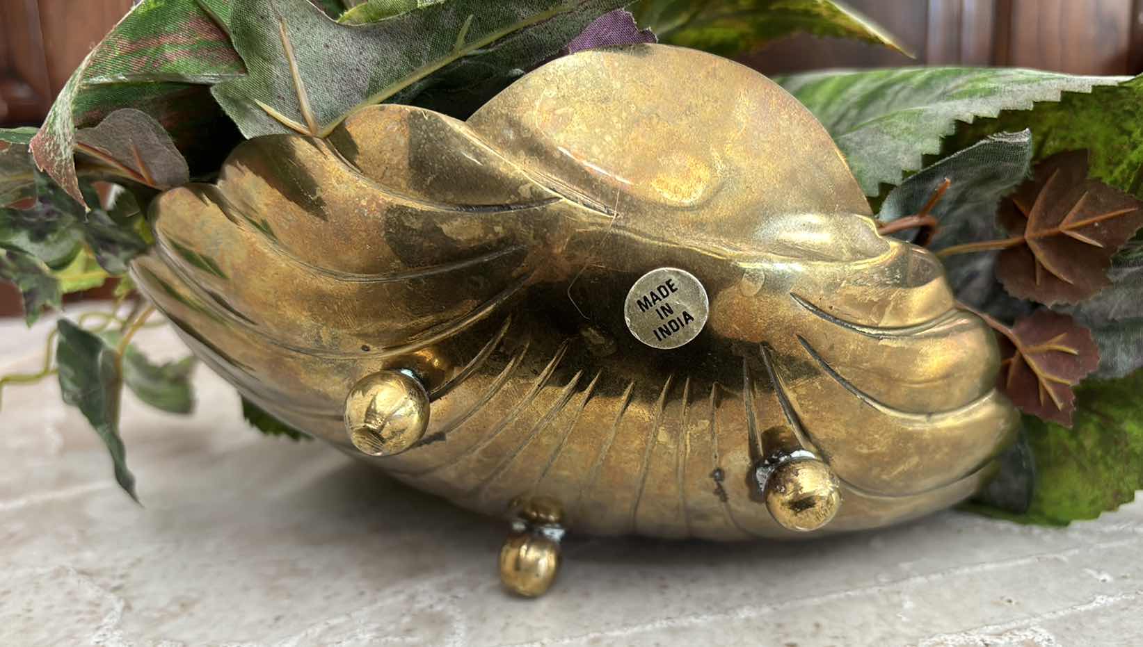 Photo 1 of MID-CENTURY SOLID BRASS SCALLOPED PLANTER BOWL W ARTIFICIAL PLANT 7.75” X 6.5” H3.15”