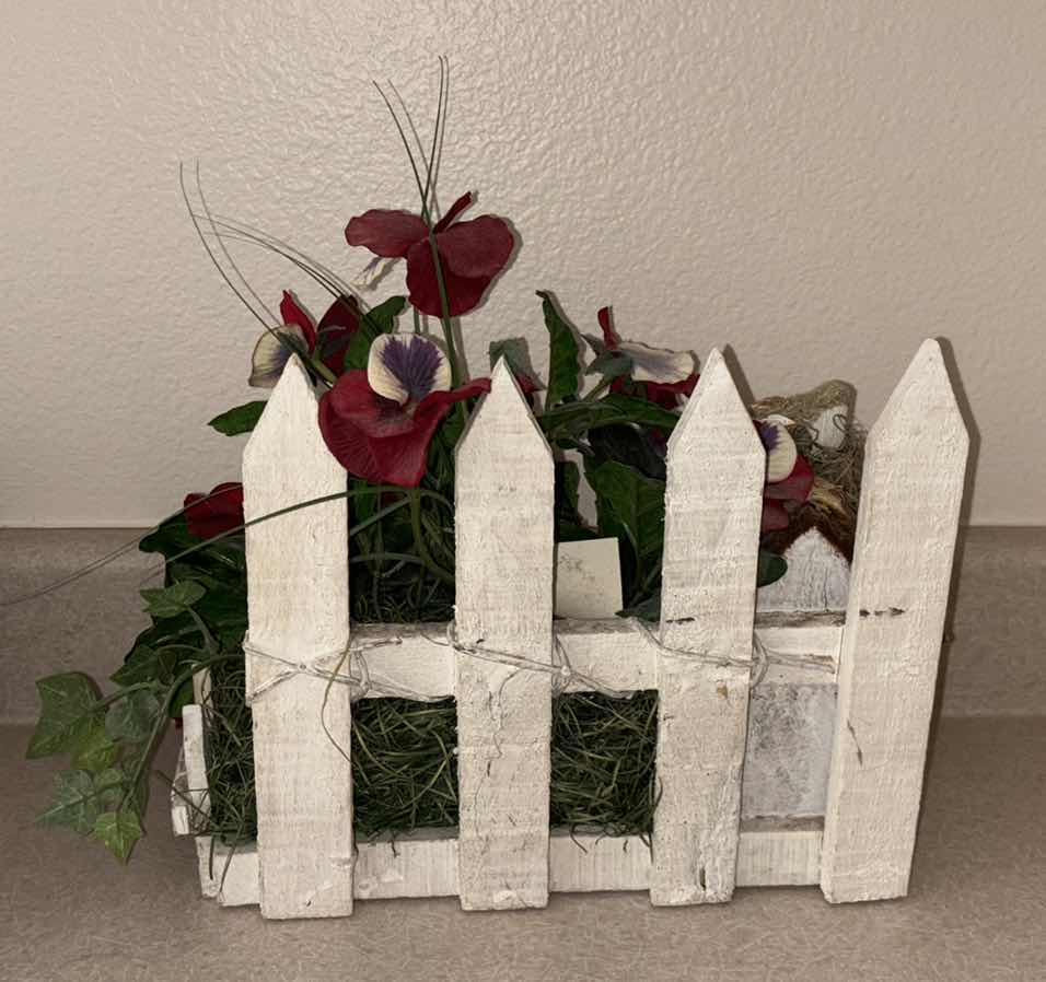 Photo 1 of SHABBY CHIC PANSY W IVY IN BIRDHOUSE FLORAL ARRANGEMENT 5.5” X 11.5” H9.25”