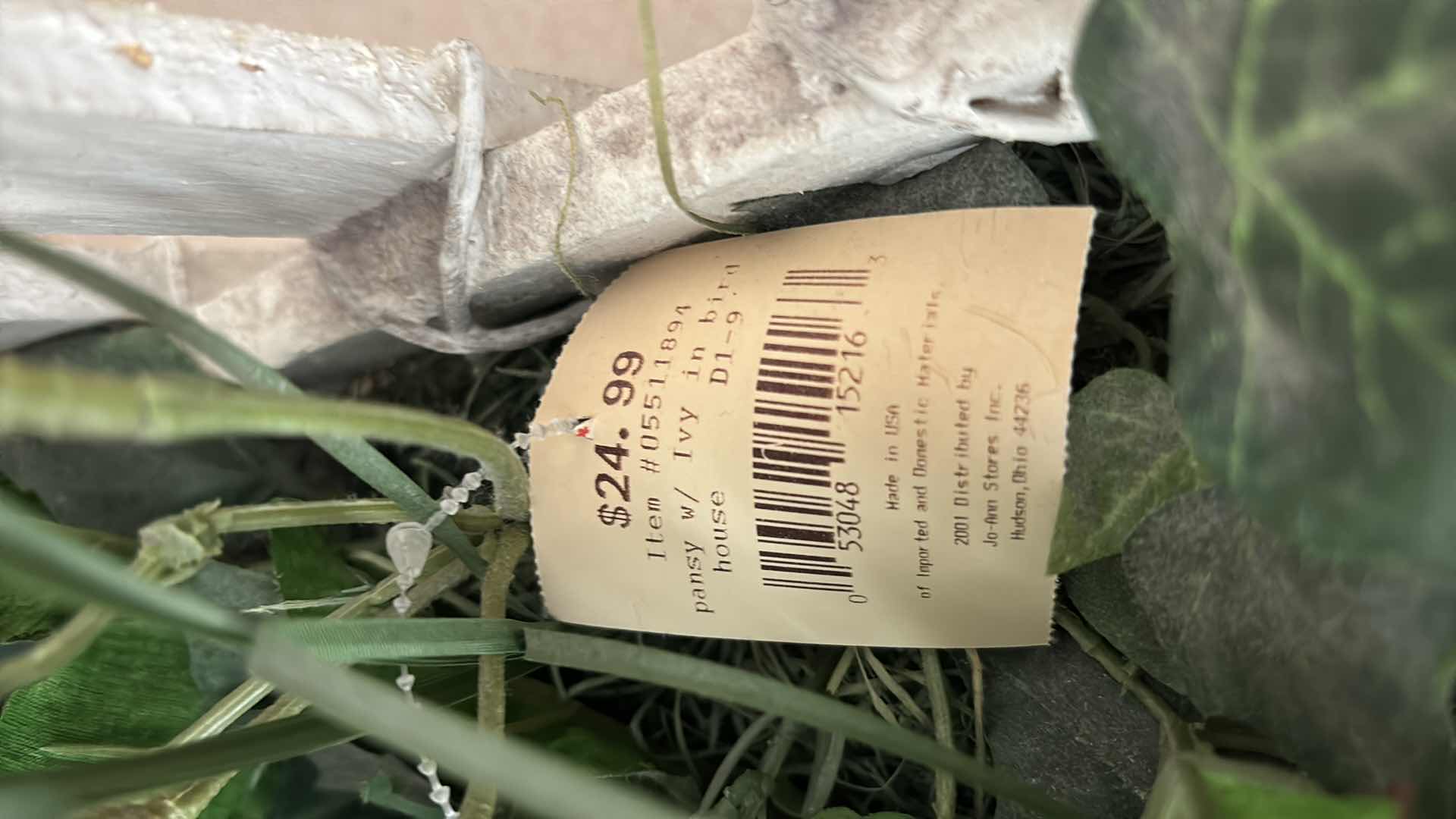 Photo 1 of SHABBY CHIC PANSY W IVY IN BIRDHOUSE FLORAL ARRANGEMENT 5.5” X 11.5” H9.25”