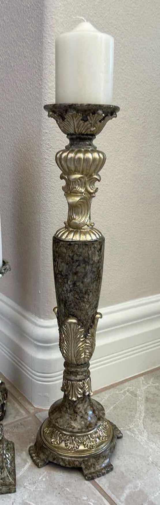 Photo 1 of (3) DECORATIVE CANDLE STICK / PILLAR CANDLE DISPLAY HOLDERS (12”, 16”, 20”) WITH CANDLES