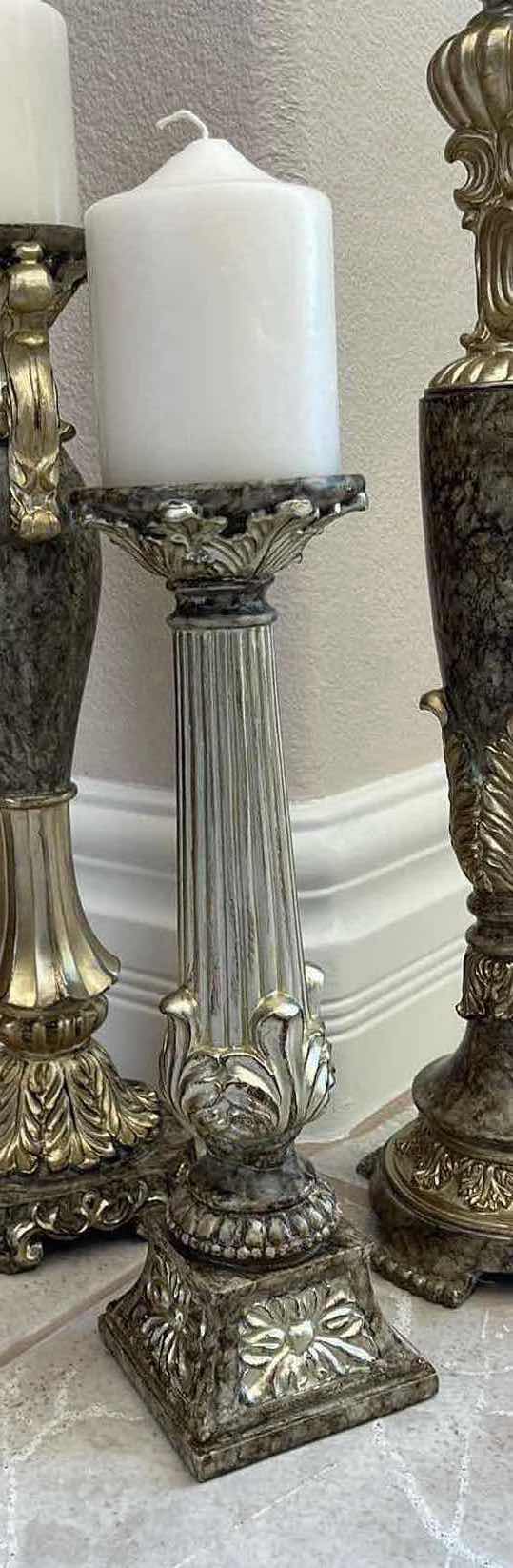 Photo 1 of (3) DECORATIVE CANDLE STICK / PILLAR CANDLE DISPLAY HOLDERS (12”, 16”, 20”) WITH CANDLES