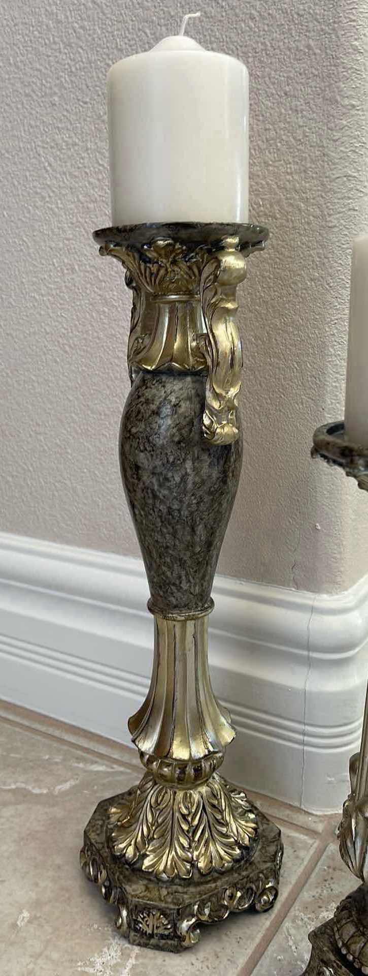 Photo 1 of (3) DECORATIVE CANDLE STICK / PILLAR CANDLE DISPLAY HOLDERS (12”, 16”, 20”) WITH CANDLES