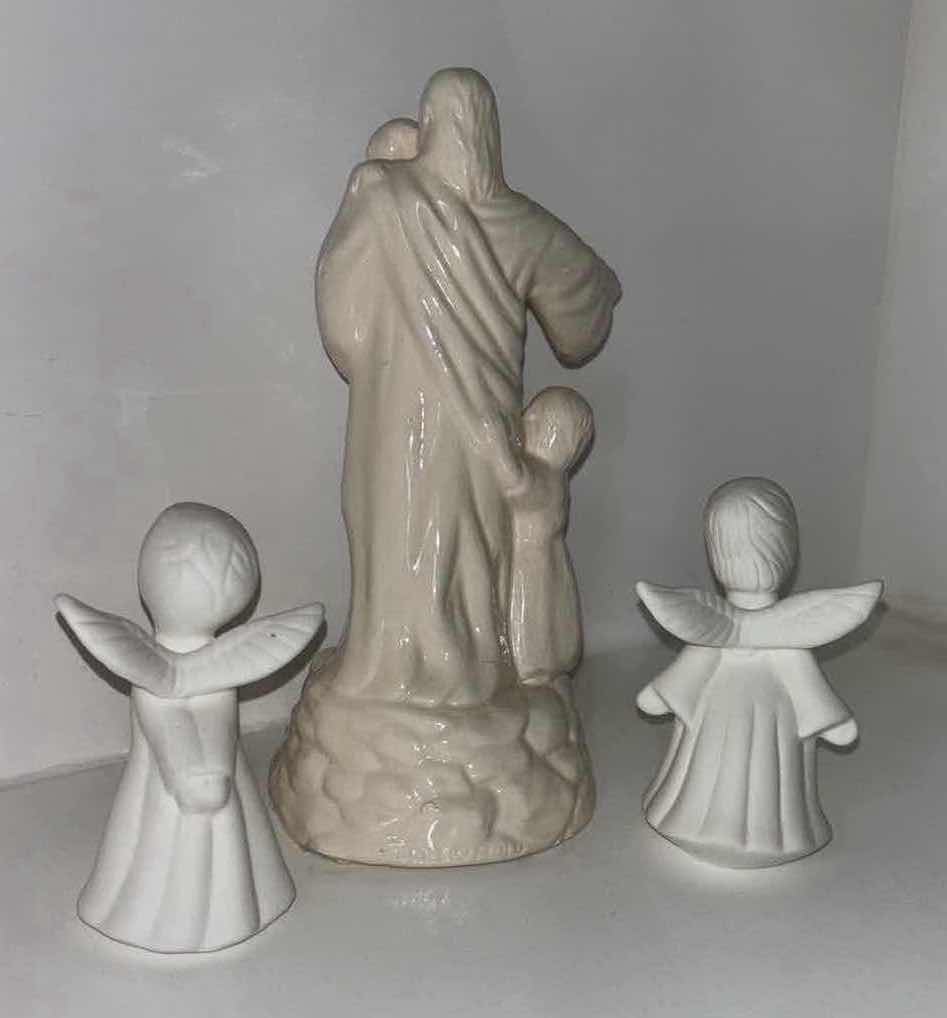 Photo 1 of CERAMIC RELIGIOUS 8.25” FIGURE & PAIR OF CERAMIC 4” ANGELS (3 PCS)