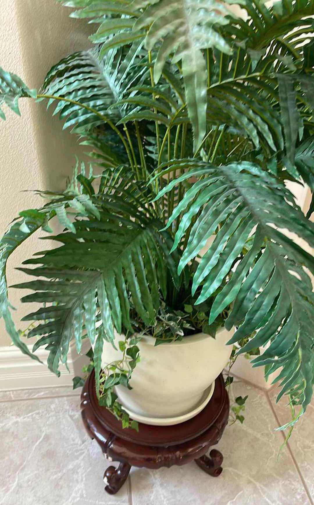 Photo 1 of ARIFICIAL 3’ PLANT/FERN VINES IN CERAMIC POT WITH WOODEN STAND