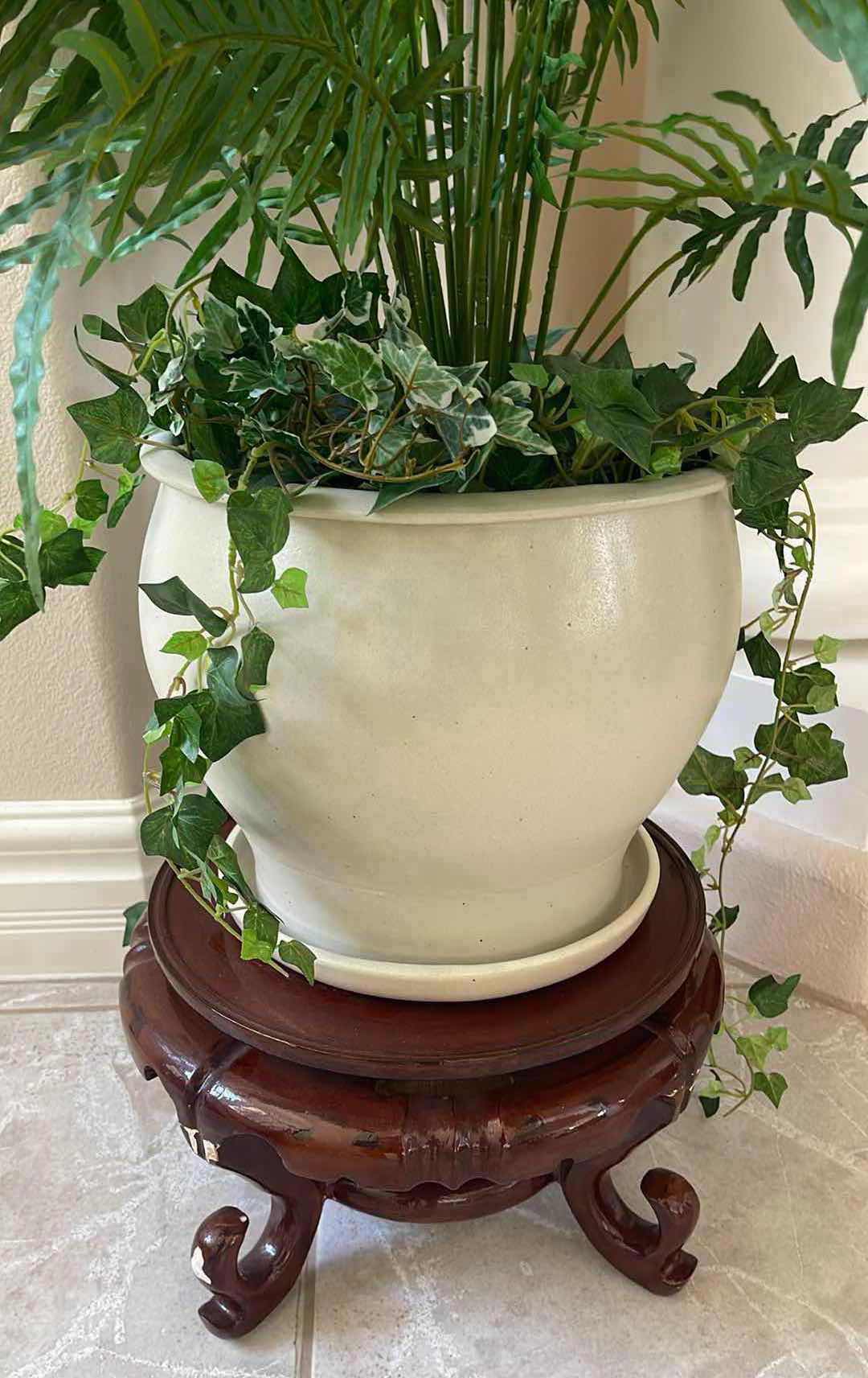 Photo 1 of ARIFICIAL 3’ PLANT/FERN VINES IN CERAMIC POT WITH WOODEN STAND