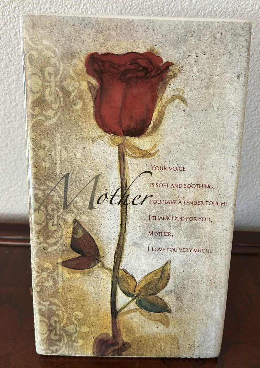 Photo 1 of CERAMIC ‘MOTHER’ TILE ON STAND W NEW HANDMADE SESAME STREET BABY BLANKET & BURP CLOTH