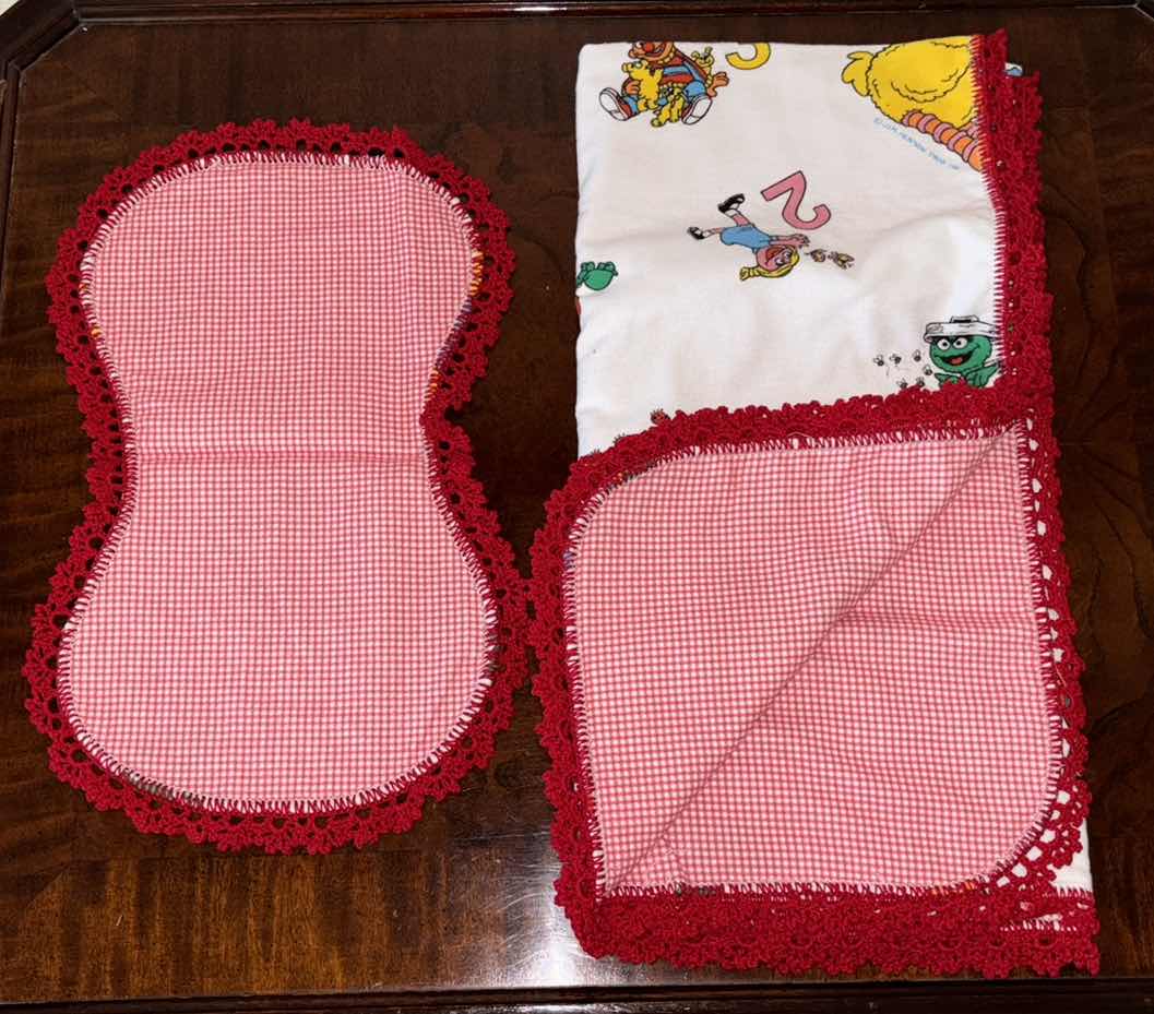 Photo 1 of CERAMIC ‘MOTHER’ TILE ON STAND W NEW HANDMADE SESAME STREET BABY BLANKET & BURP CLOTH