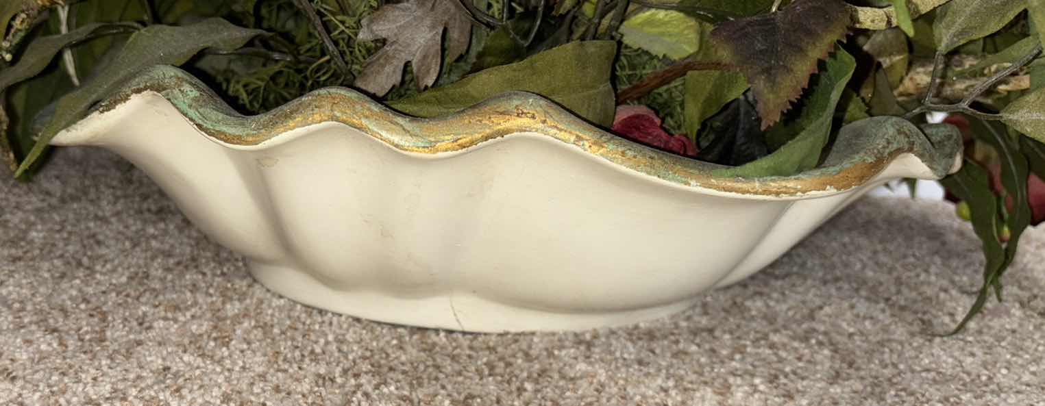 Photo 1 of FAUX FLORAL ARRANGEMENT IN VINTAGE CERAMIC SCALLOPED PLANTER H27.5”