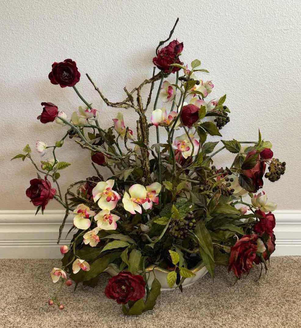 Photo 1 of FAUX FLORAL ARRANGEMENT IN VINTAGE CERAMIC SCALLOPED PLANTER H27.5”