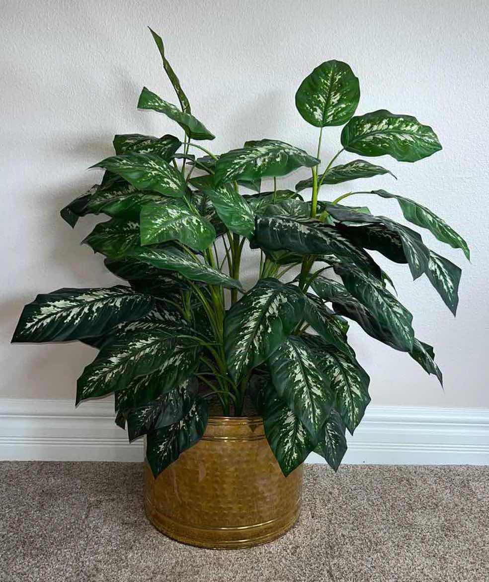 Photo 1 of HAMMERED BRASS PLANTER (13.5” X 13.5” H 11.25”) W FAUX PLANT