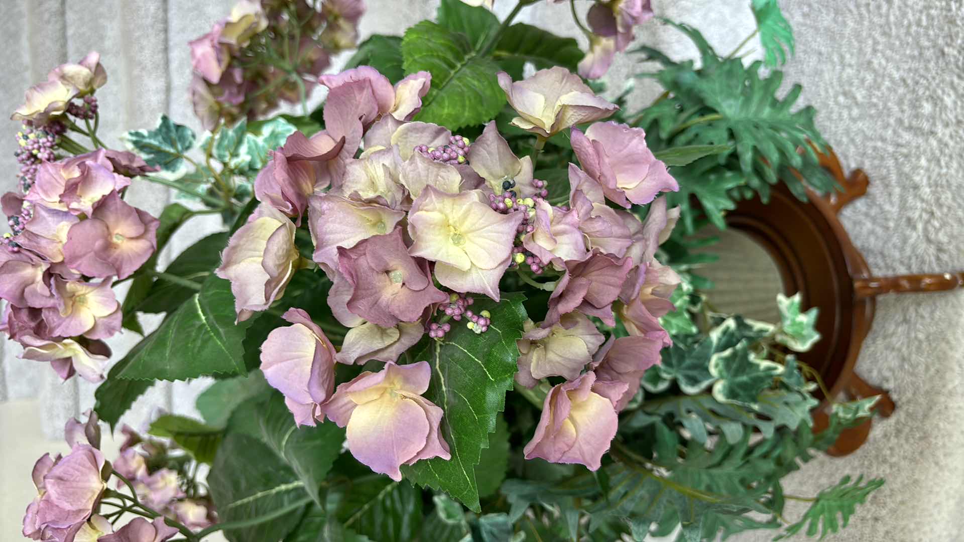 Photo 1 of FAUX HYDRANGEA FLORAL ARRANGEMENT IN BIODEGRADABLE PLANTER WITH WOOD STAND