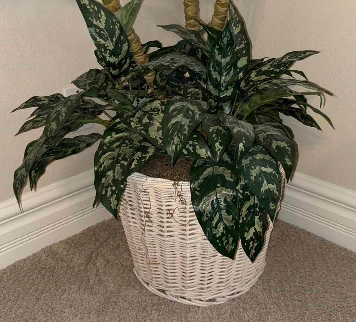 Photo 1 of 6 FT FAUX PALM PLANT & WHITE WICKER PLANTER POT