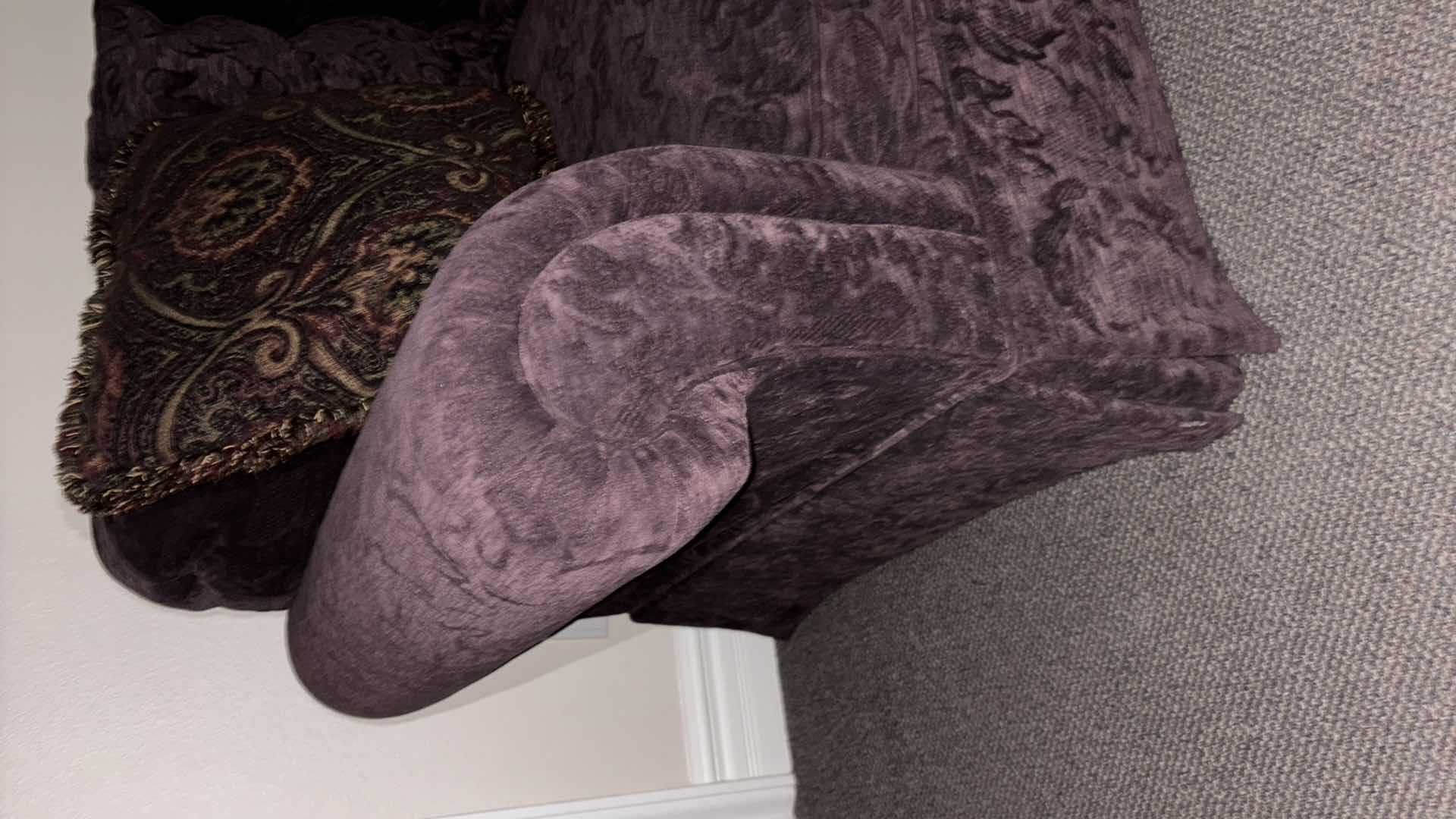 Photo 1 of LOVESEAT W DECORATIVE THROW PILLOWS, PURPLE LEAF PATTERN UPHOLSTERY 40” X 64” H34”